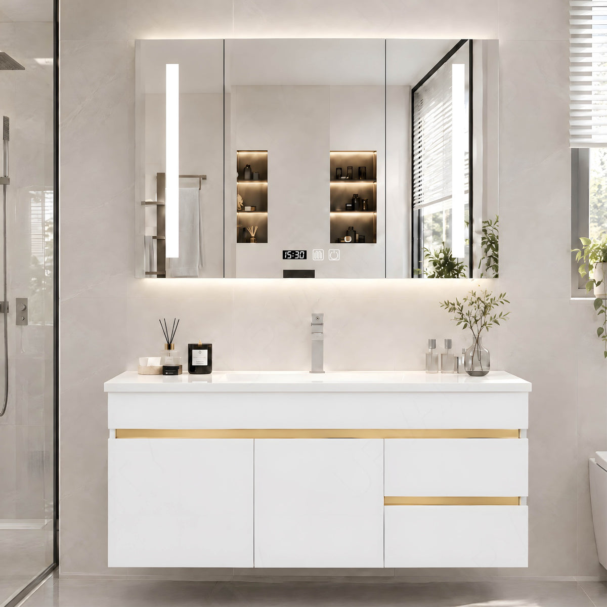 Modern Bath Vanity Set, White, Gold Accents, 44"-64", Single, Floating, Smart LED Mirror, Rear Cabinet