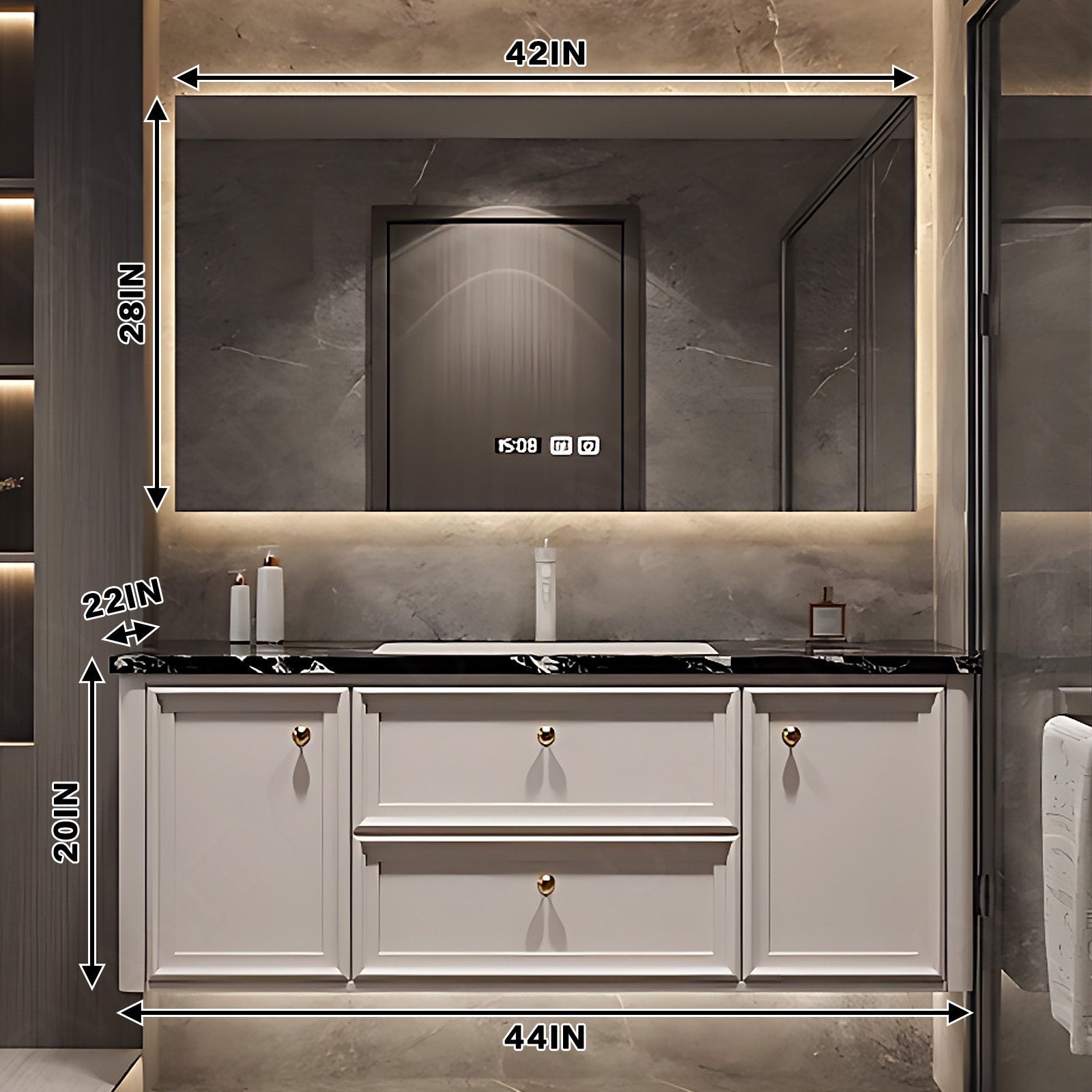 Modern Bath Vanity Set, White, Gold Accents, Sectional Storage, 44"- 64", Single, Floating, Smart Led Mirror