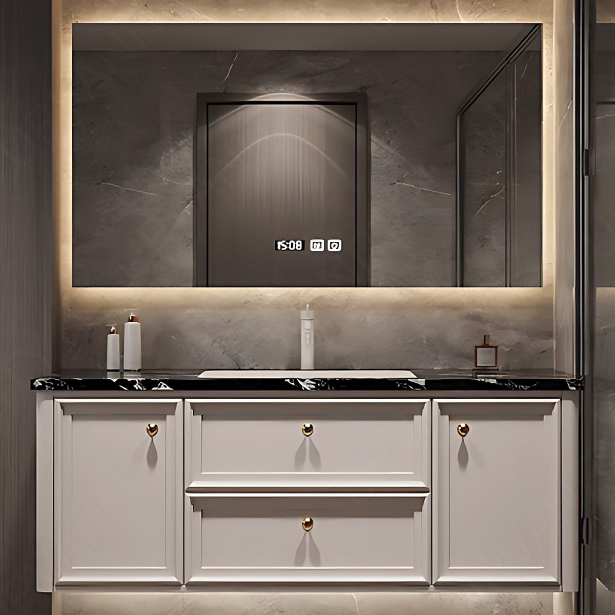 Modern Bath Vanity Set, White, Gold Accents, Sectional Storage, 44"- 64", Single, Floating, Smart Led Mirror