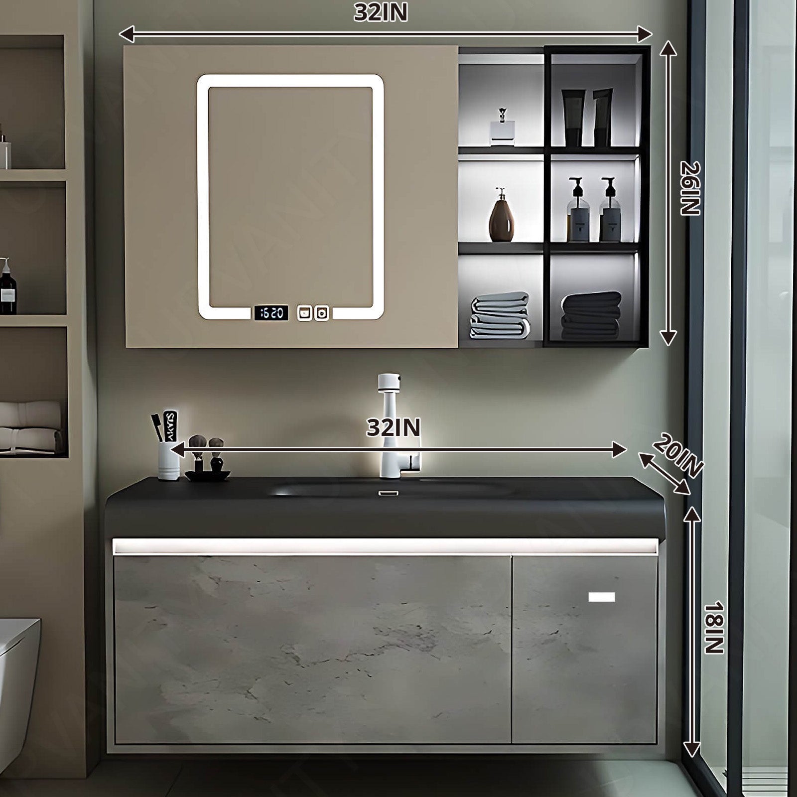 Modern Bath Vanity Set, White/Gray, Glass Door, 32"- 48", Single, Floating, Sensor Light, Smart LED Mirror, Rear/Side Cabinet