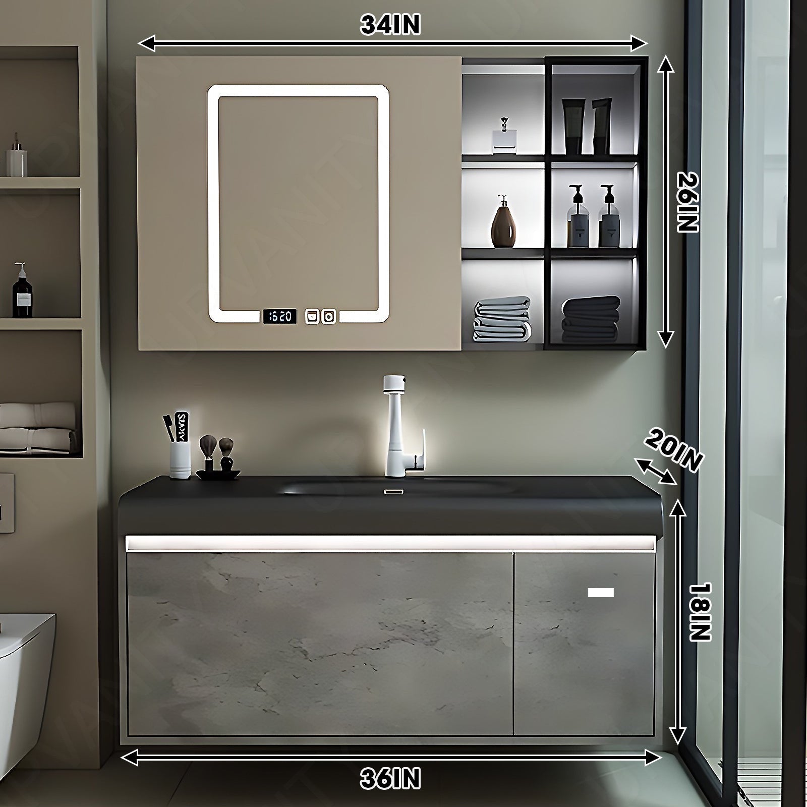 Modern Bath Vanity Set, White/Gray, Glass Door, 32"- 48", Single, Floating, Sensor Light, Smart LED Mirror, Rear/Side Cabinet