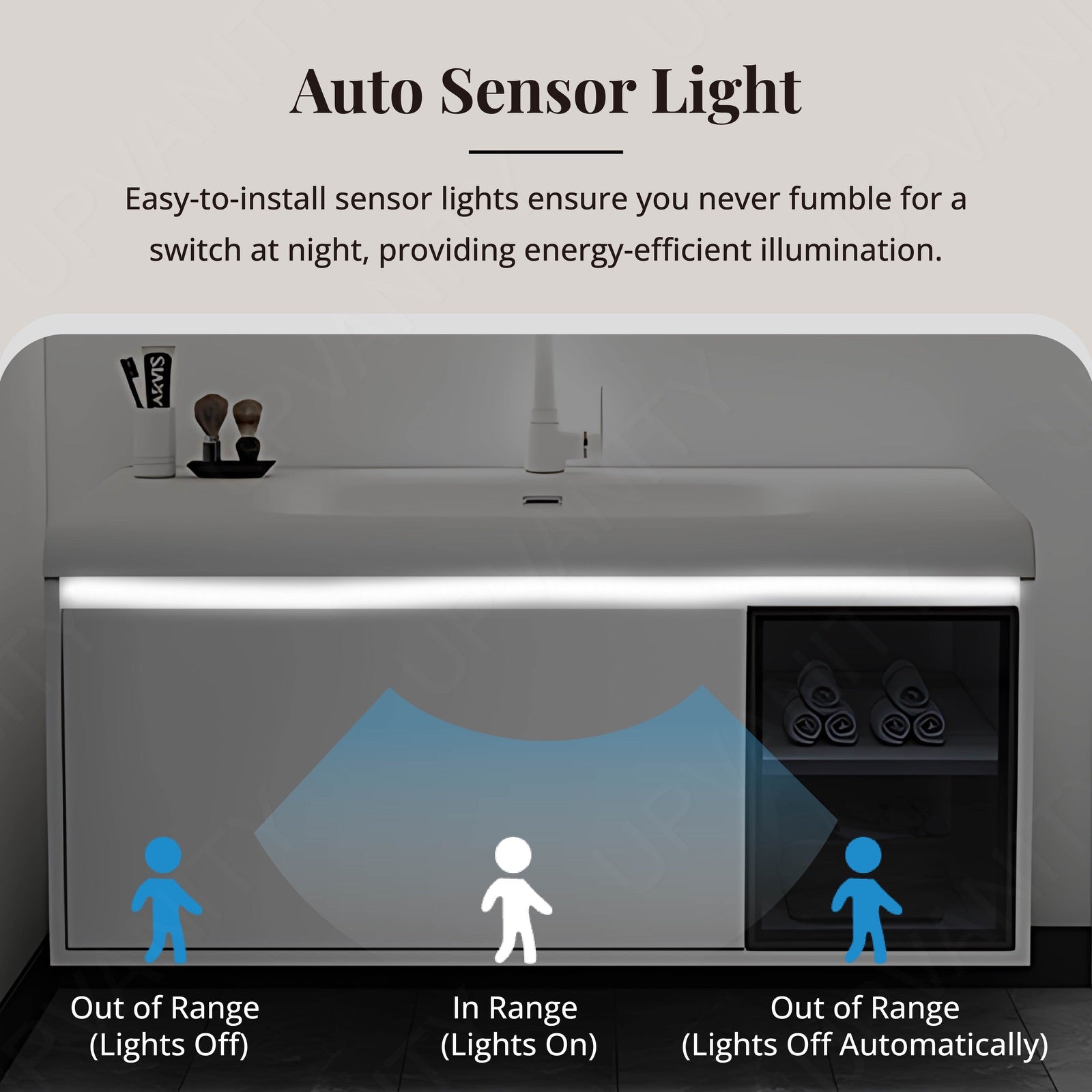 Modern Bath Vanity Set, White/Gray, Glass Door, 32"- 48", Single, Floating, Sensor Light, Smart LED Mirror, Rear/Side Cabinet