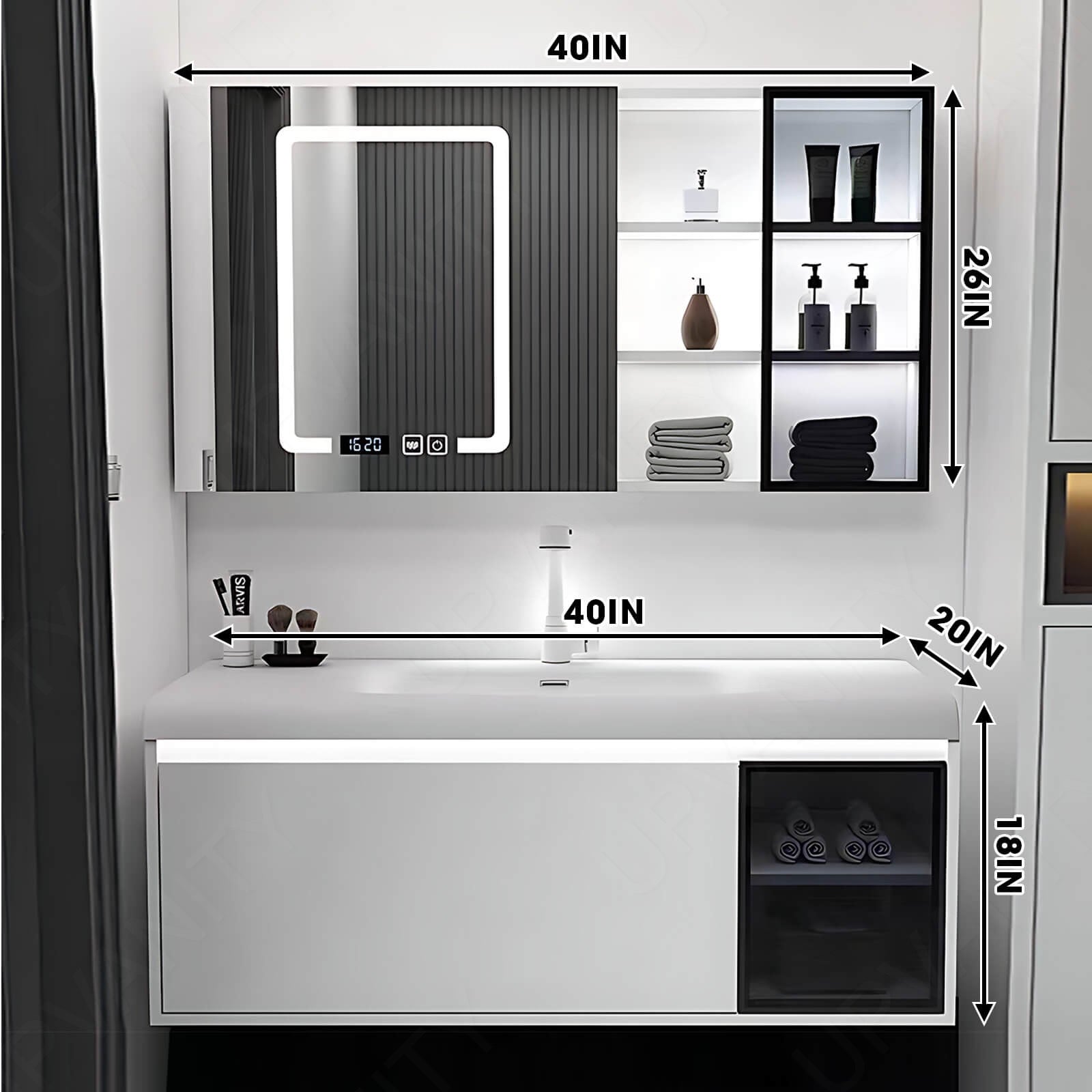 Modern Bath Vanity Set, White/Gray, Glass Door, 32"- 48", Single, Floating, Sensor Light, Smart LED Mirror, Rear/Side Cabinet