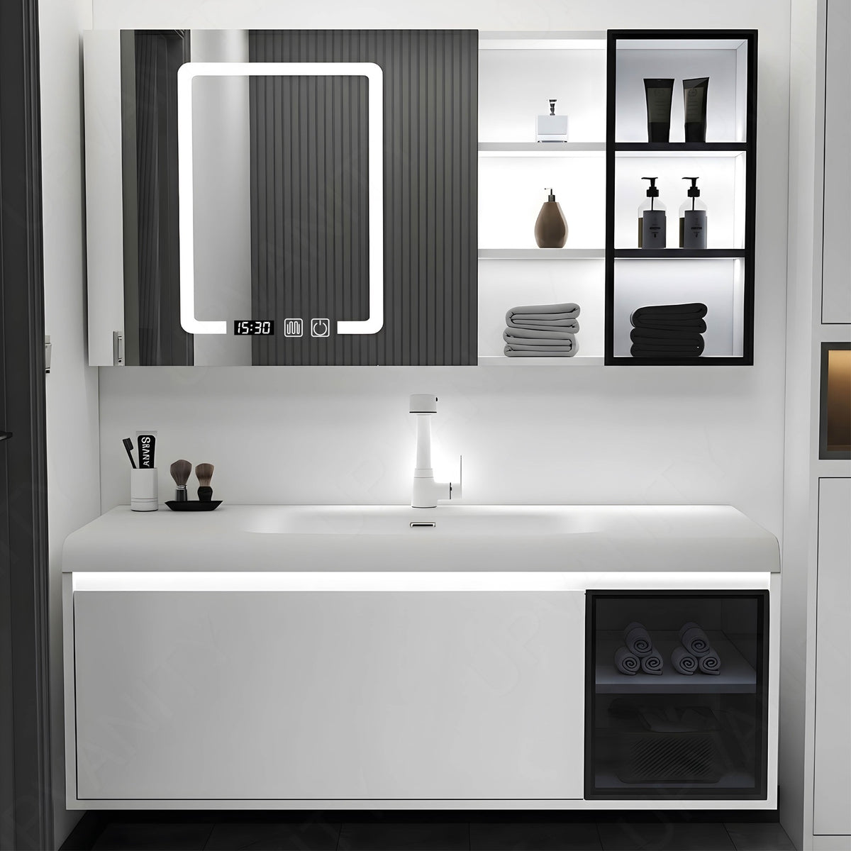 Modern Bath Vanity Set, White/Gray, Glass Door, 32"- 48", Single, Floating, Sensor Light, Smart LED Mirror, Rear/Side Cabinet