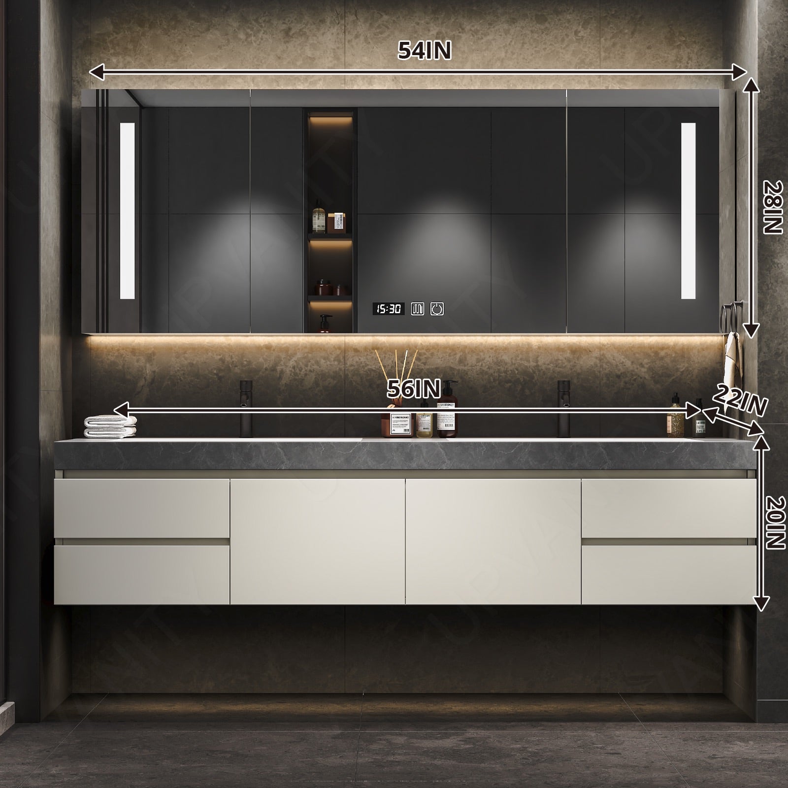 Modern Bath Vanity Set, White, Gray Slate Top, 56"-78", Double, Floating, Smart LED Mirror, Rear Cabinet