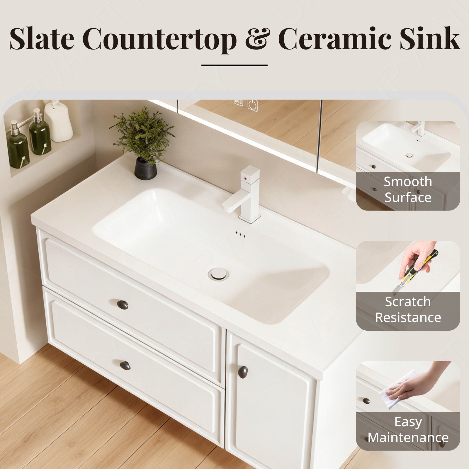 Modern Bath Vanity Set, White, Hidden Storage, 40"-56", Single, Floating, Smart LED Mirror, Rear Cabinet