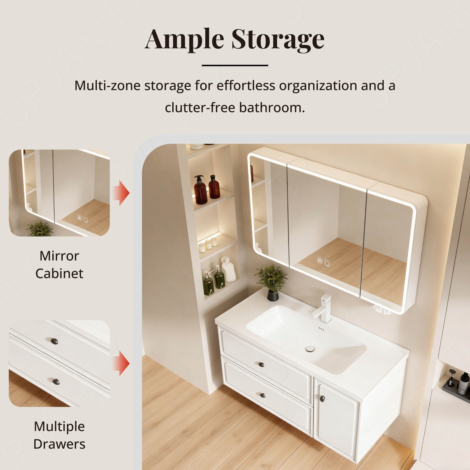 Modern Bath Vanity Set, White, Hidden Storage, 40"-56", Single, Floating, Smart LED Mirror, Rear Cabinet