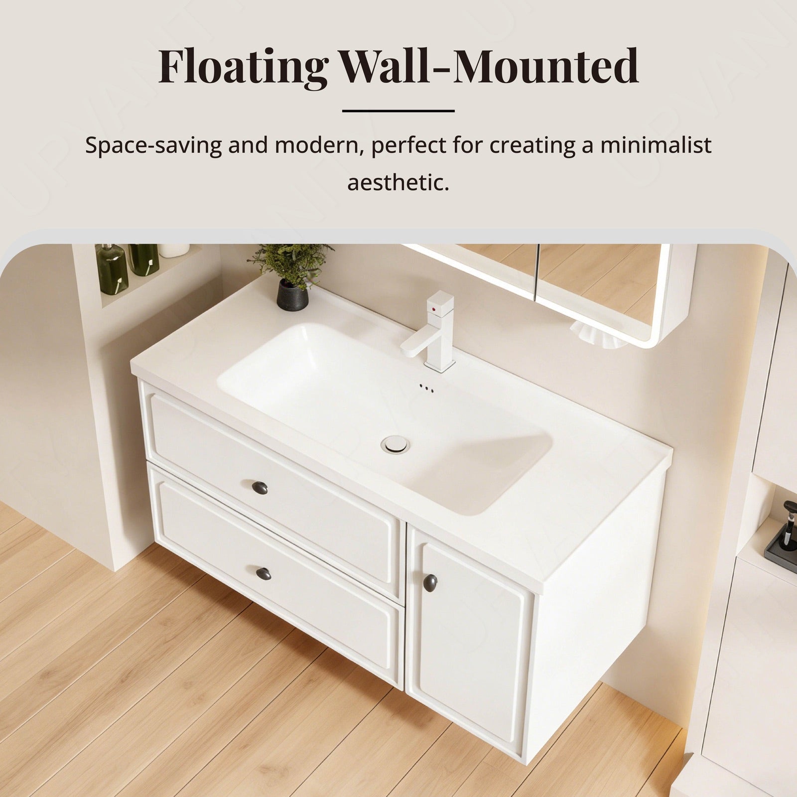 Modern Bath Vanity Set, White, Hidden Storage, 40"-56", Single, Floating, Smart LED Mirror, Rear Cabinet