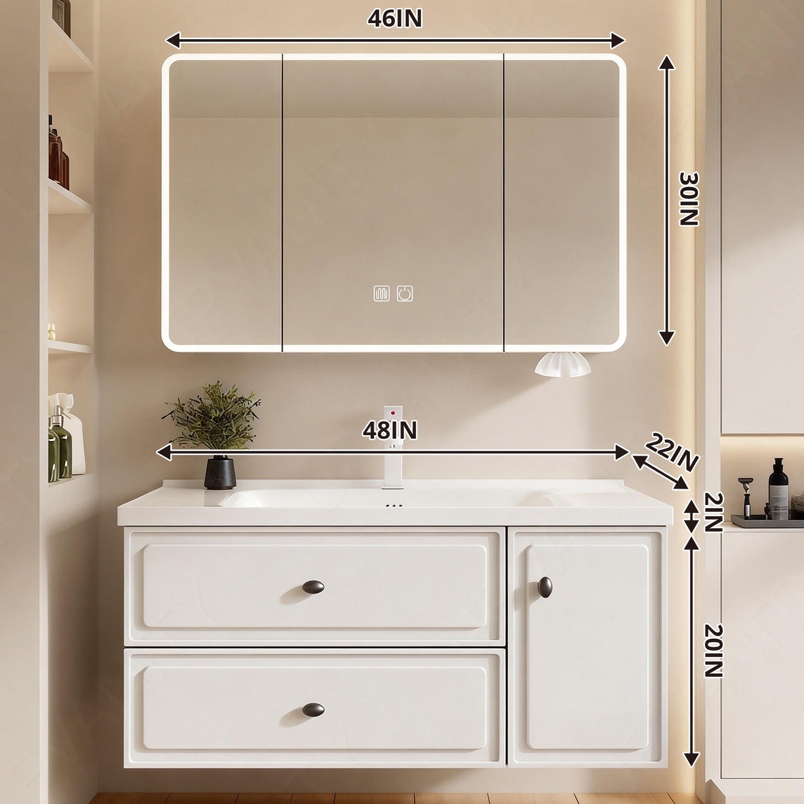 Modern Bath Vanity Set, White, Hidden Storage, 40"-56", Single, Floating, Smart LED Mirror, Rear Cabinet