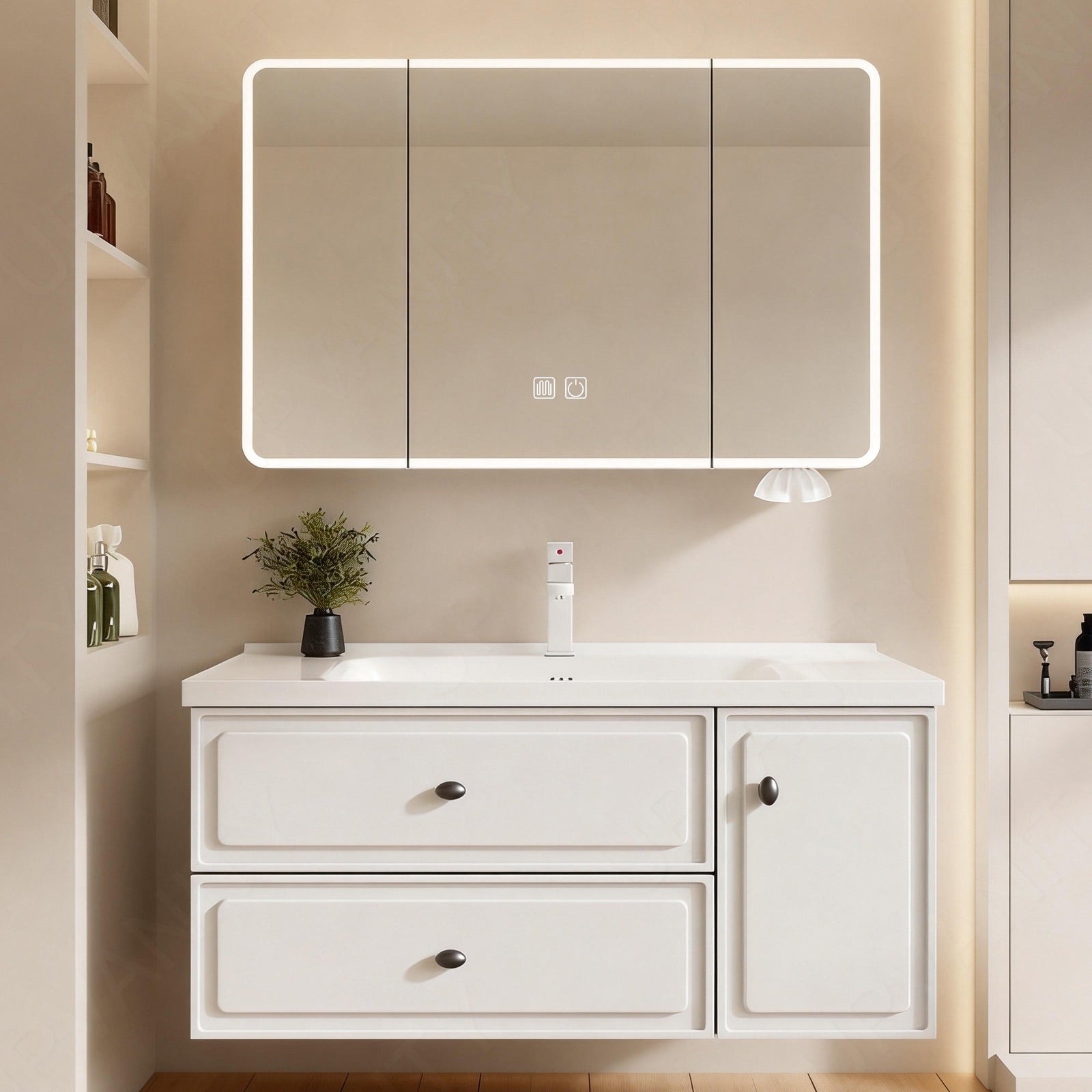 Modern Bath Vanity Set, White, Hidden Storage, 40"-56", Single, Floating, Smart LED Mirror, Rear Cabinet
