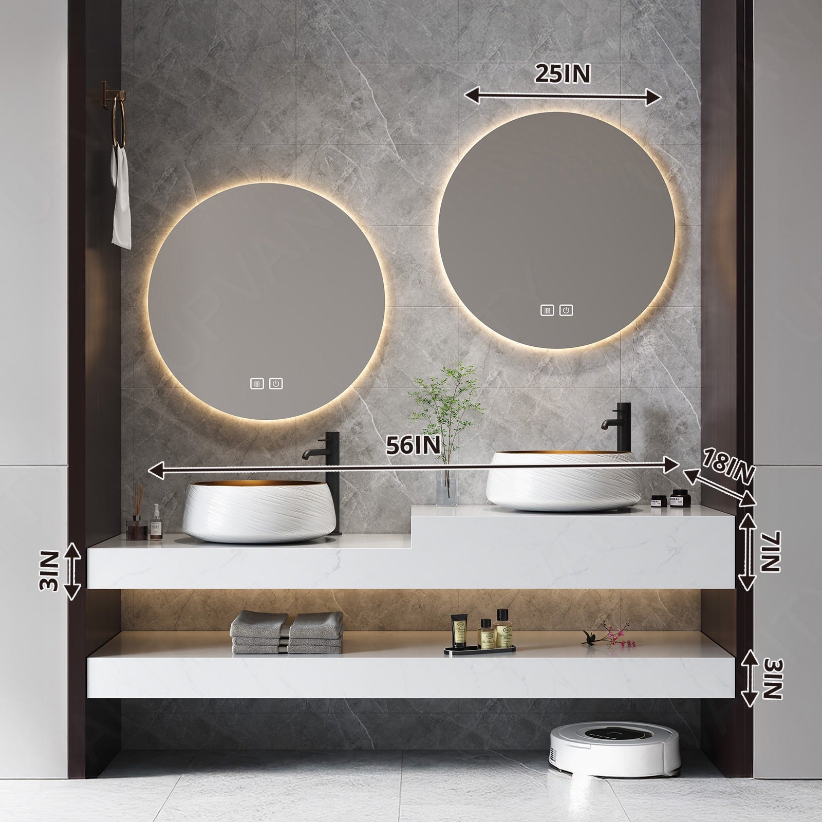 Modern Bath Vanity Set, White, High-Low Sinks, 52
