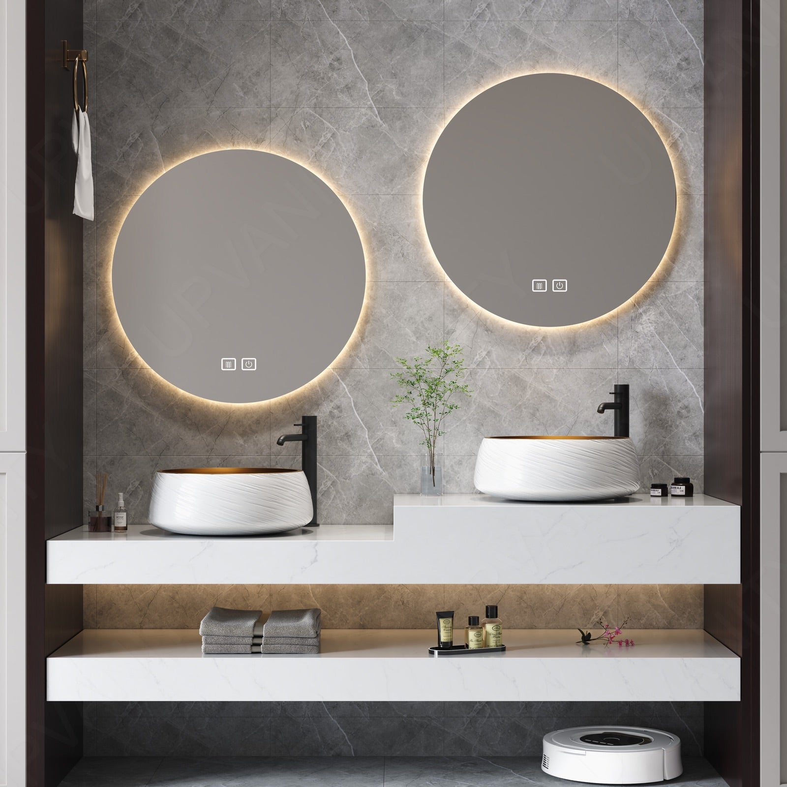 Modern Bath Vanity Set, White, High-Low Sinks, 52"- 78", Double Vessel Sink, Floating, Round Smart LED Mirror