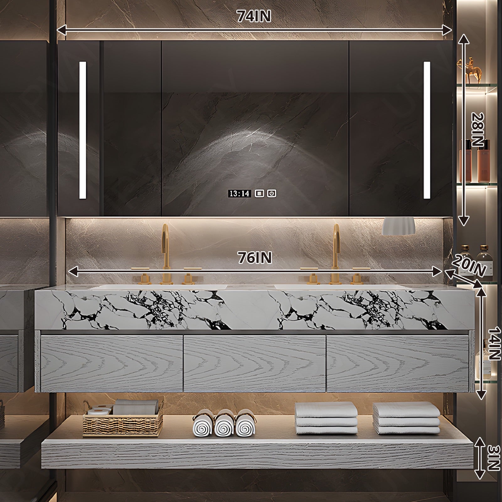 Modern Bath Vanity Set, White, Joint Marble Textured Top, 56"-78", Double, Floating,  Smart LED Mirror, Rear Cabinet