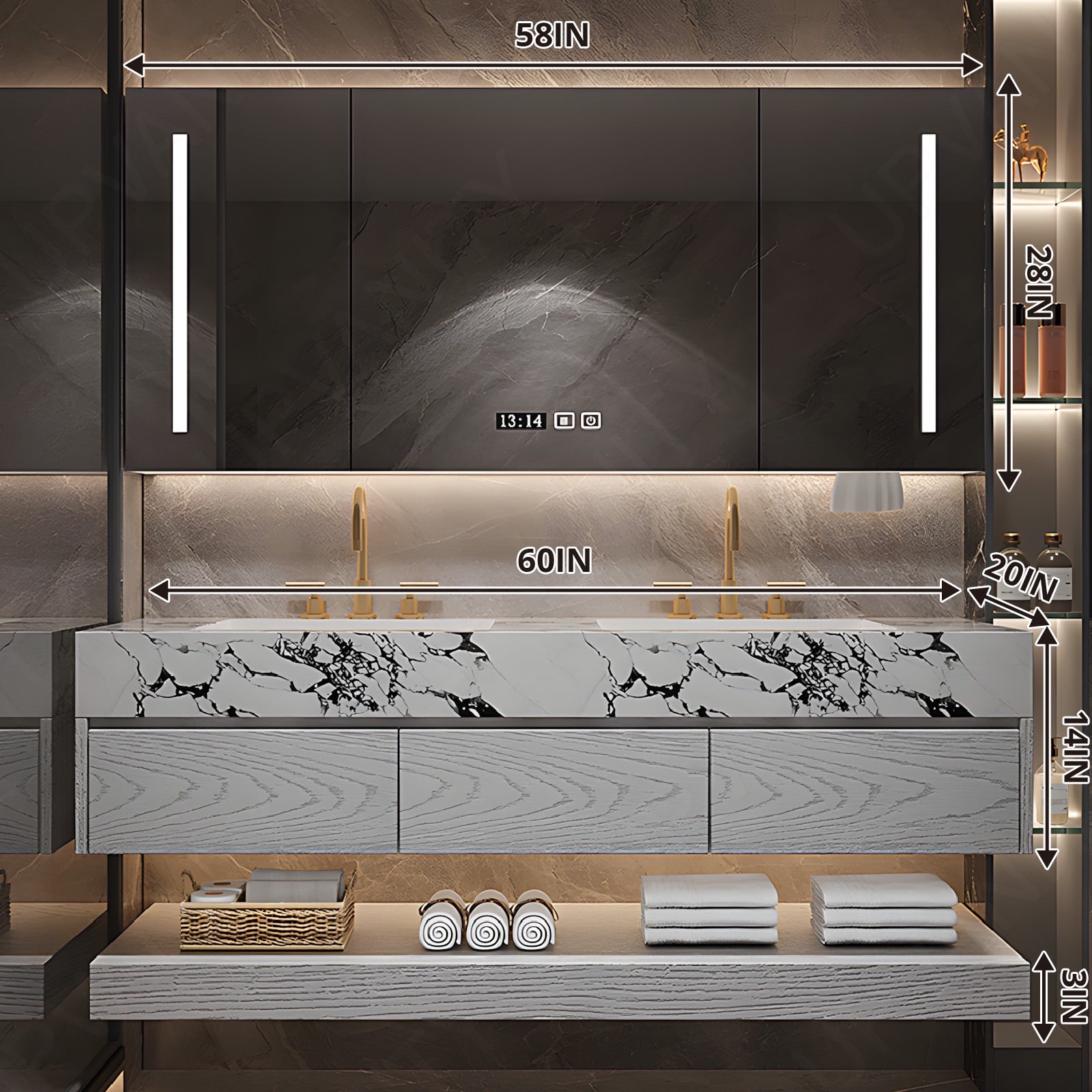 Modern Bath Vanity Set, White, Joint Marble Textured Top, 56"-78", Double, Floating,  Smart LED Mirror, Rear Cabinet