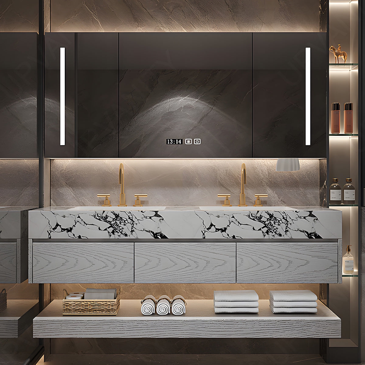 Modern Bath Vanity Set, White, Joint Marble Textured Top, 56"-78", Double, Floating,  Smart LED Mirror, Rear Cabinet