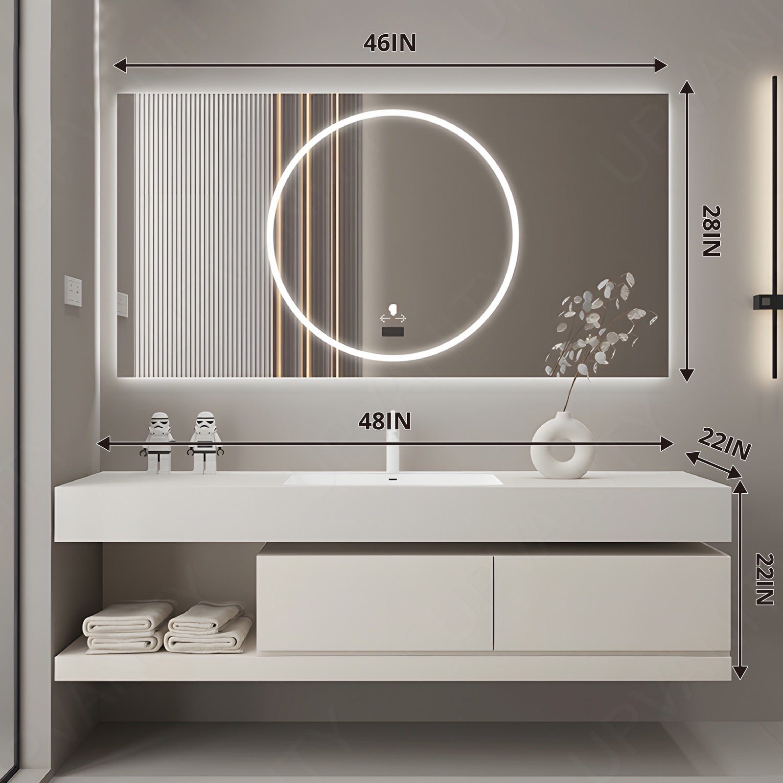 Modern Bath Vanity Set, White, Joint Slate Top, 40"-64", Single, Floating, Smart LED Mirror