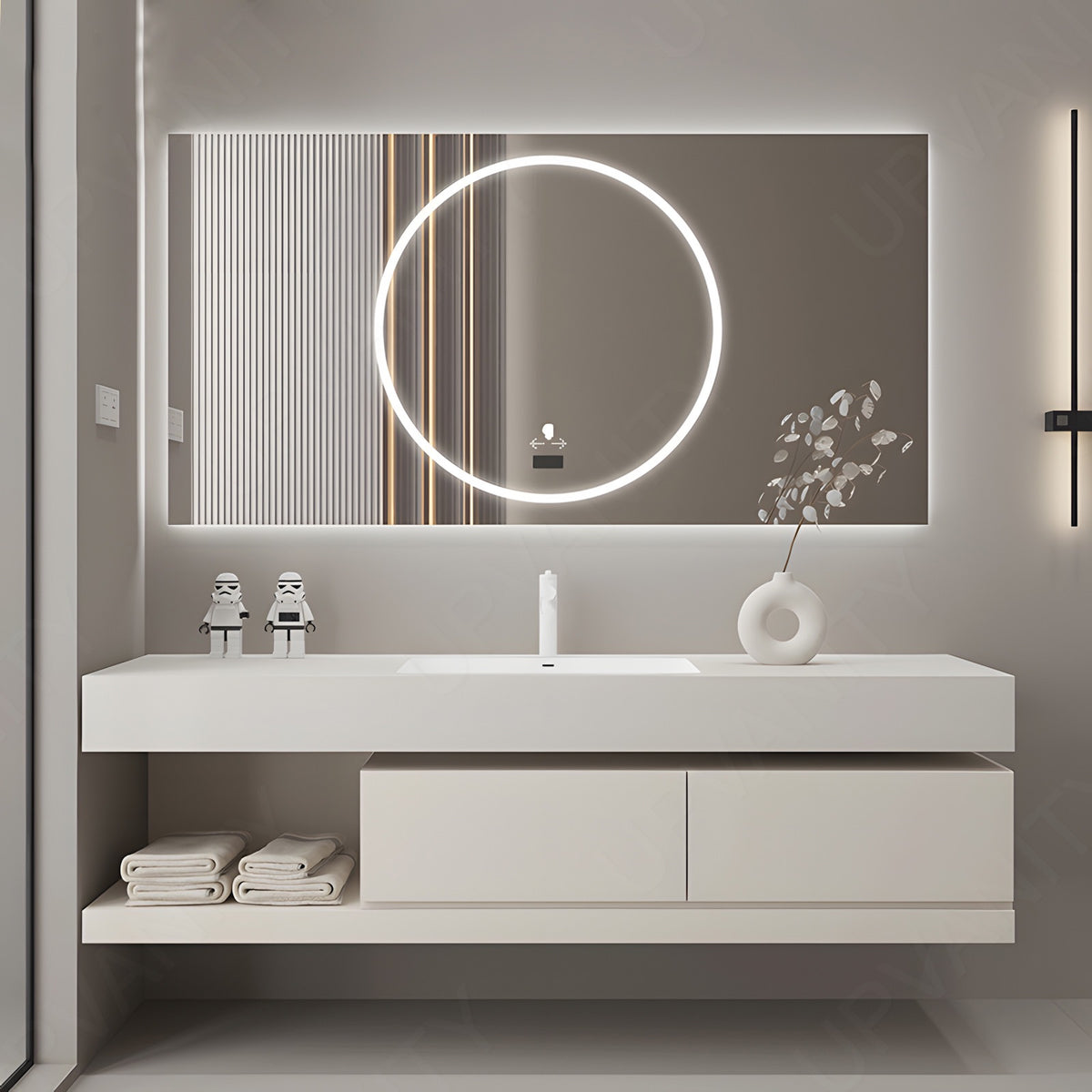 Modern Bath Vanity Set, White, Joint Slate Top, 40"-64", Single, Floating, Smart LED Mirror