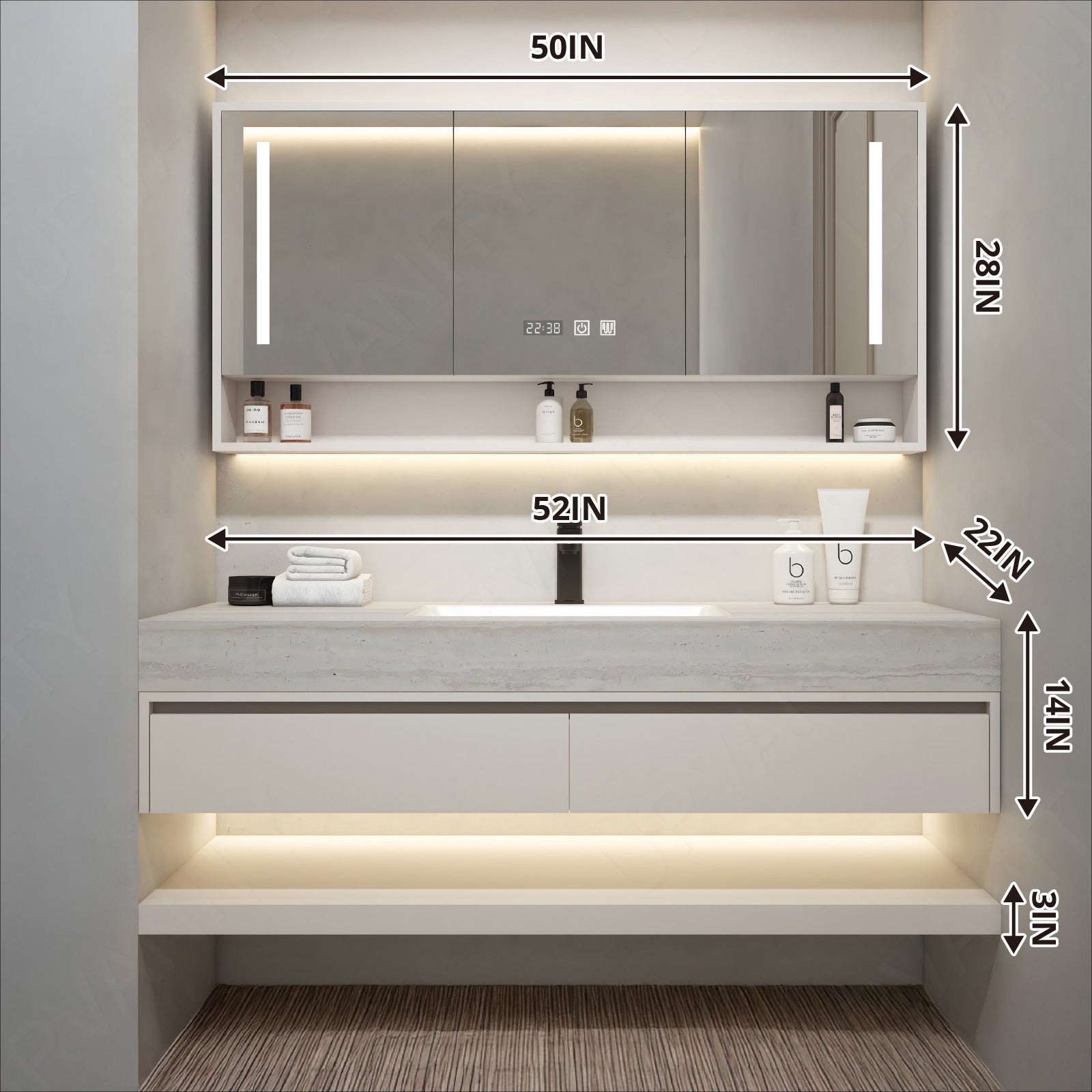 Modern Bath Vanity Set, White, Joint White Top, 36"-64", Single, Floating, Open Storage, Smart LED Mirror, Rear Cabinet