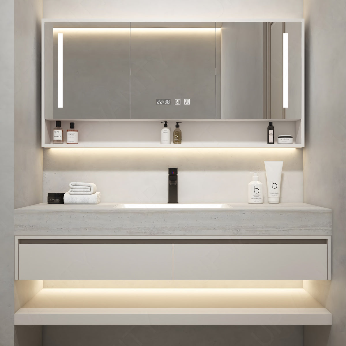 Modern Bath Vanity Set, White, Joint White Top, 36"-64", Single, Floating, Open Storage, Smart LED Mirror, Rear Cabinet