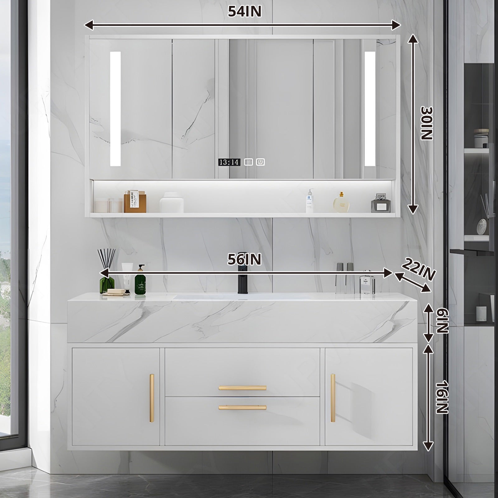 Modern Bath Vanity Set, White, Marble Texted Top, 40"- 56", Gold Accents, Single, Floating, Smart LED Mirror, Rear Cabinet