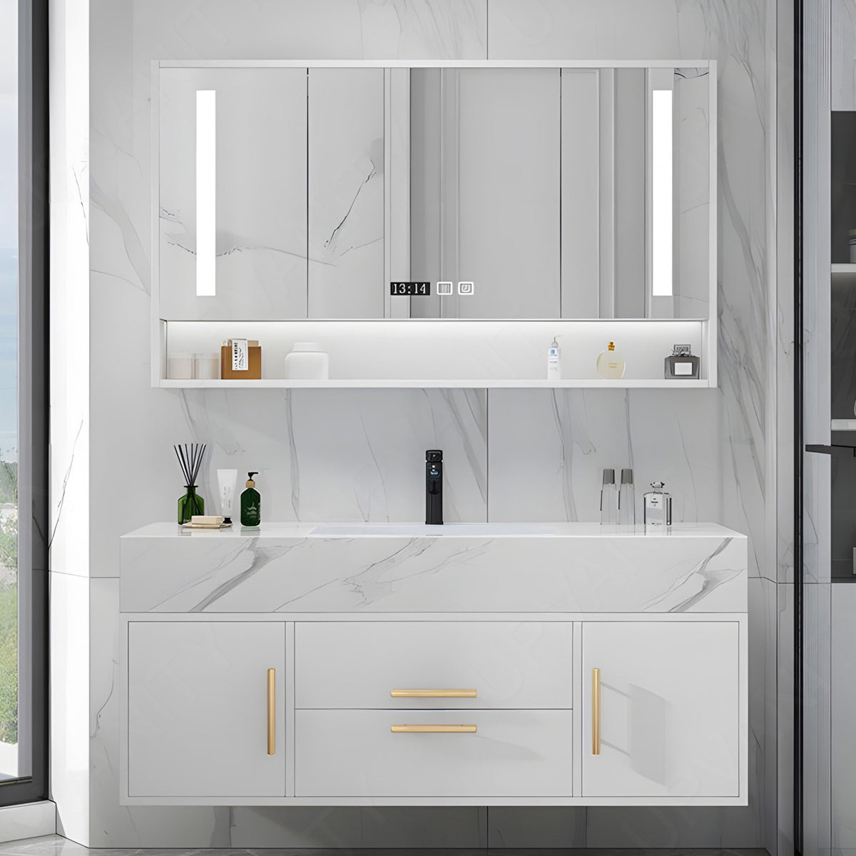 Modern Bath Vanity Set, White, Marble Texted Top, 40"- 56", Gold Accents, Single, Floating, Smart LED Mirror, Rear Cabinet
