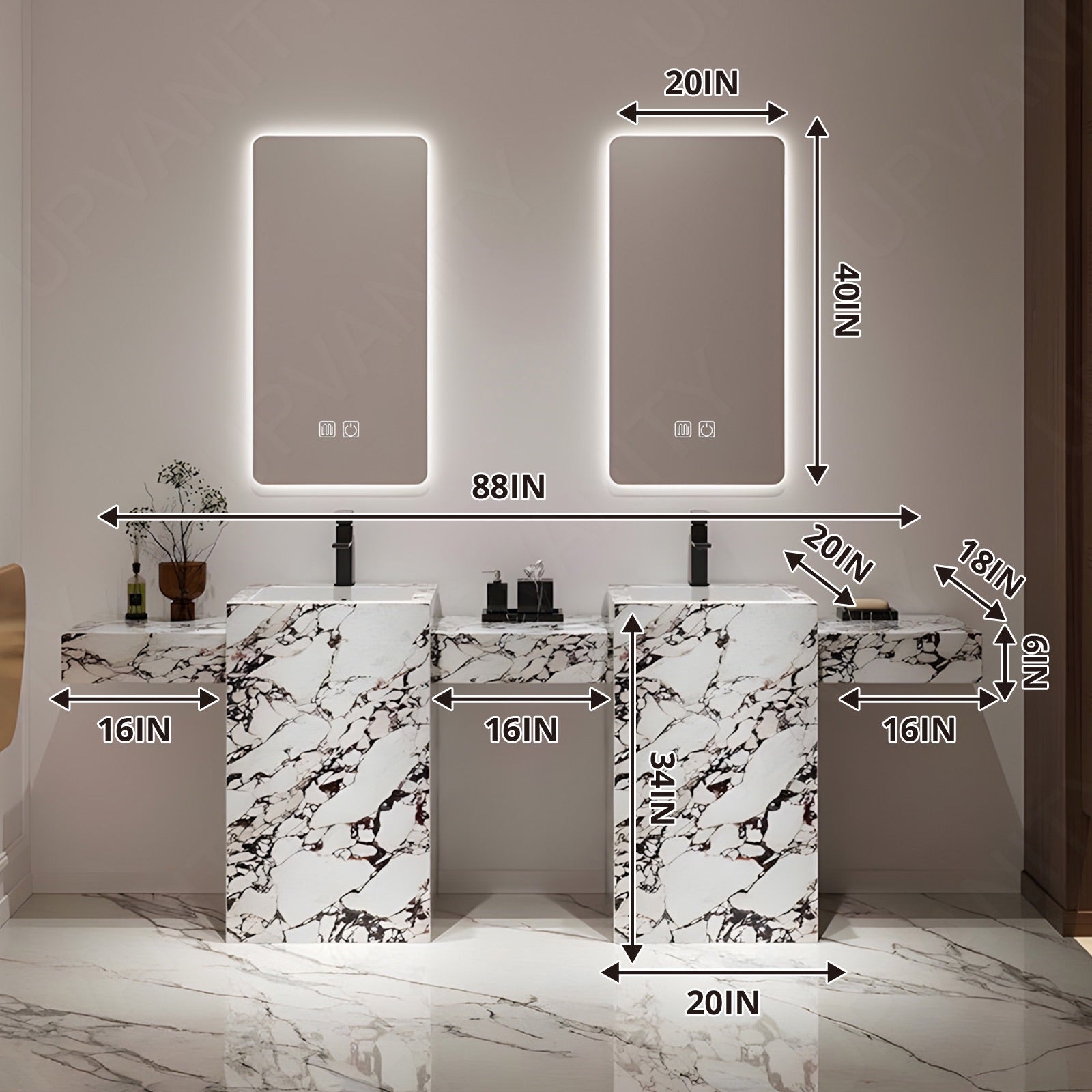 Modern Bath Vanity Set, White, Marble Textured Column, 72"- 100", Double, Freestanding, Dual Smart LED Mirror