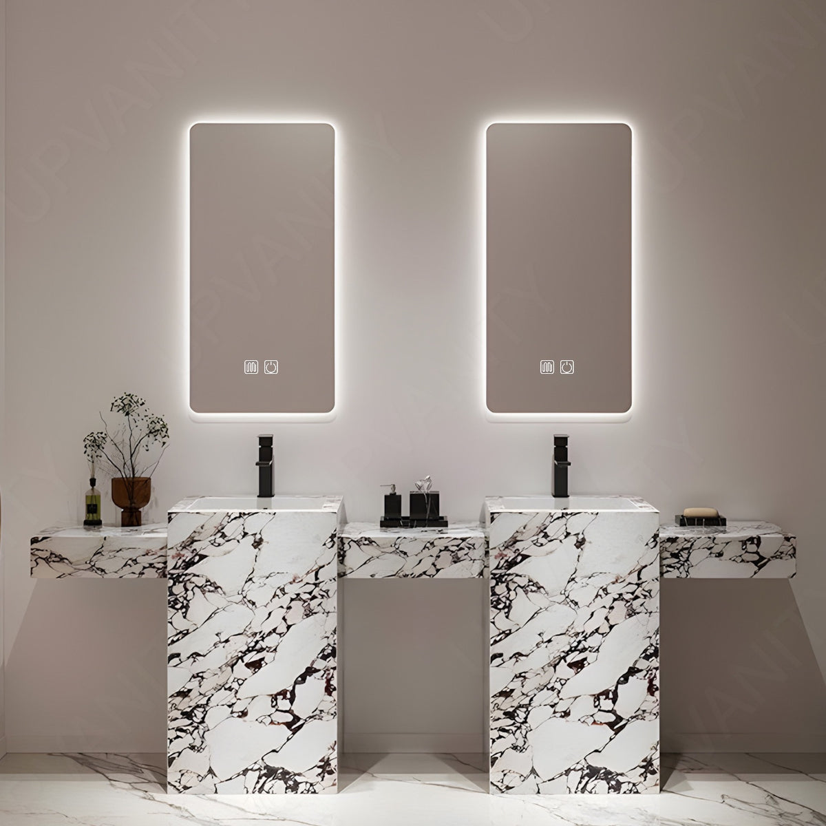 Modern Bath Vanity Set, White, Marble Textured Column, 72"- 100", Double, Freestanding, Dual Smart LED Mirror