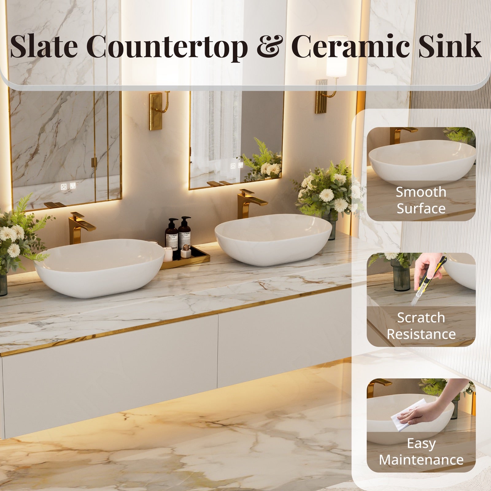 Modern Bath Vanity Set, White, Marble Textured Top, 56"-78", Double Vessel Sink, Floatig, Glod Accents, Dual Smart LED Mirror