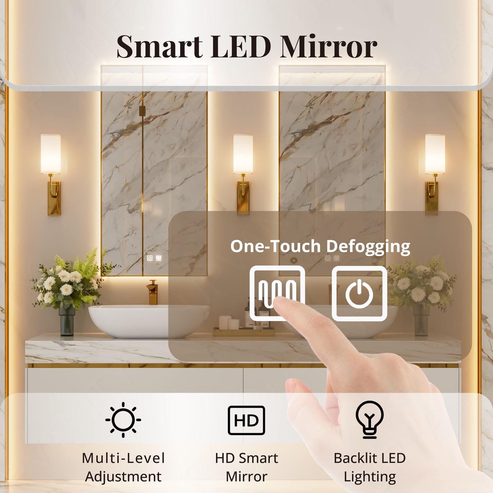 Modern Bath Vanity Set, White, Marble Textured Top, 56"-78", Double Vessel Sink, Floatig, Glod Accents, Dual Smart LED Mirror