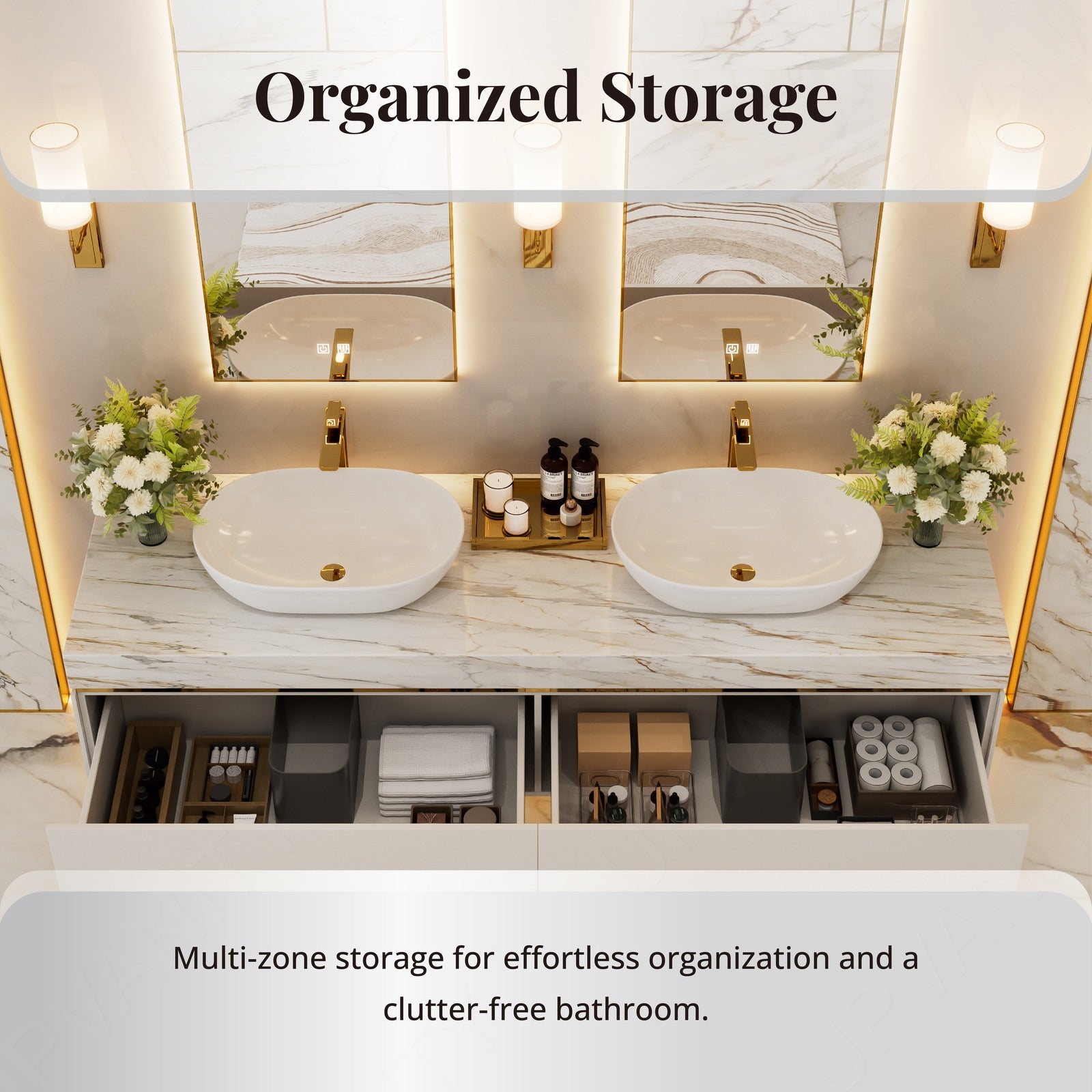 Modern Bath Vanity Set, White, Marble Textured Top, 56"-78", Double Vessel Sink, Floatig, Glod Accents, Dual Smart LED Mirror