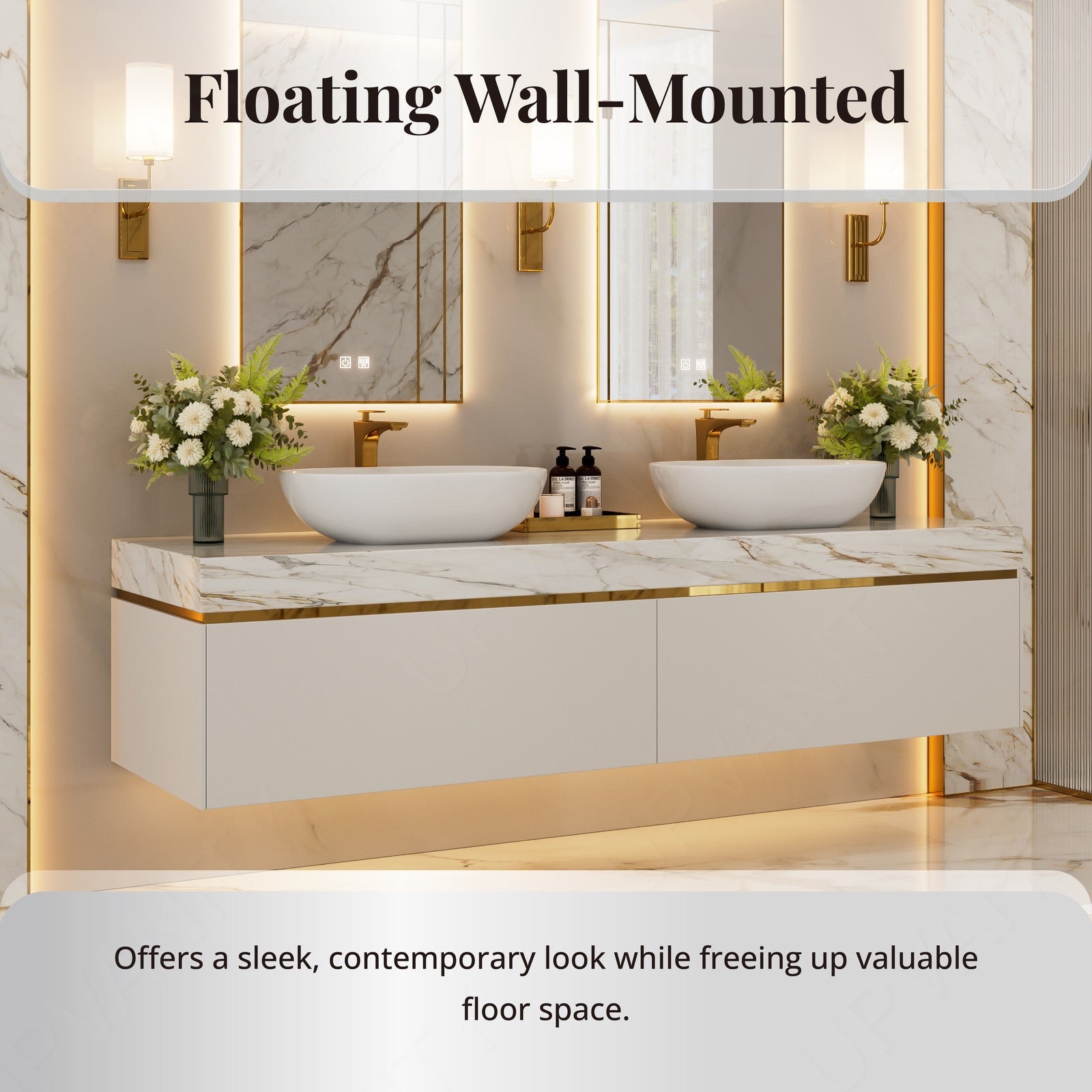 Modern Bath Vanity Set, White, Marble Textured Top, 56"-78", Double Vessel Sink, Floatig, Glod Accents, Dual Smart LED Mirror