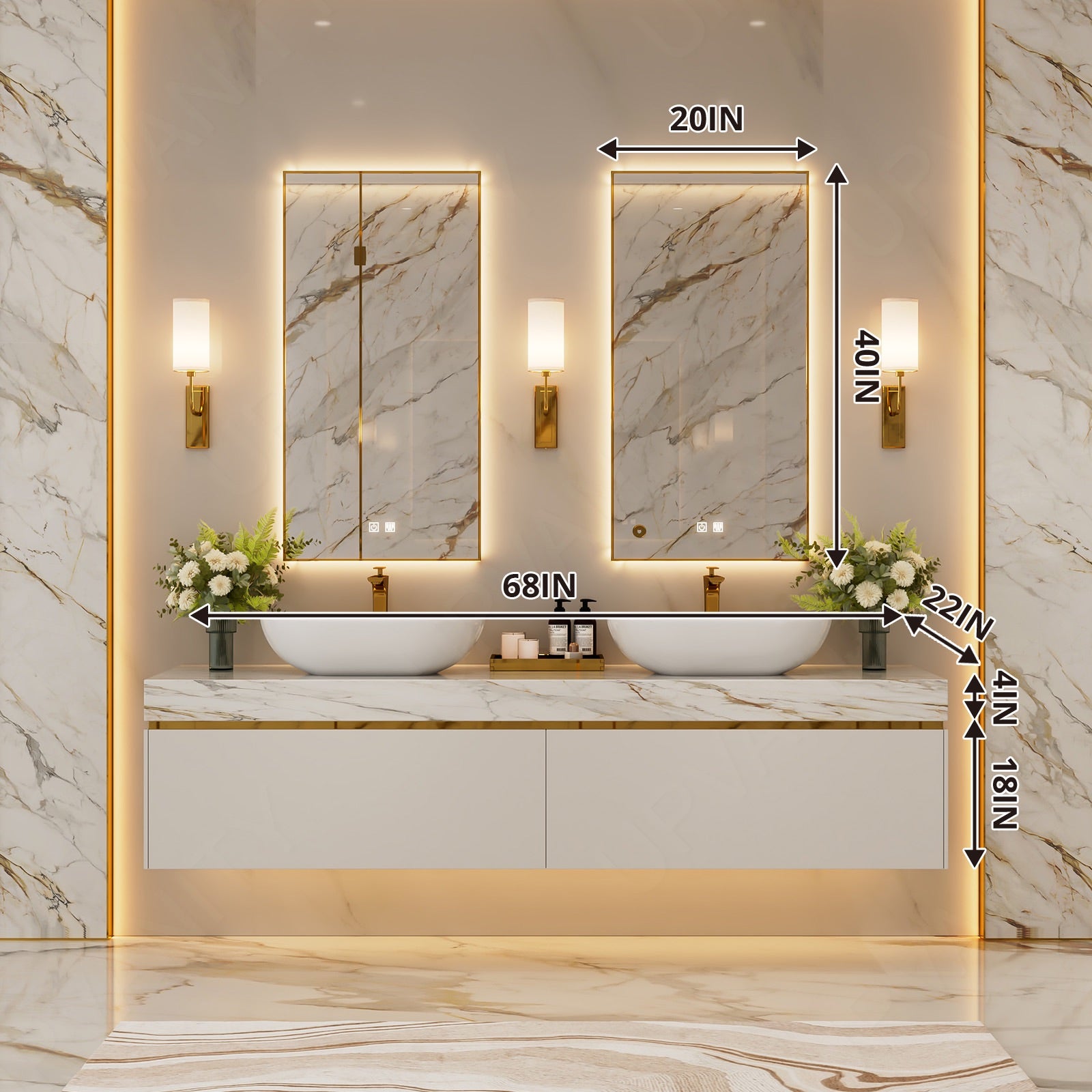 Modern Bath Vanity Set, White, Marble Textured Top, 56"-78", Double Vessel Sink, Floatig, Glod Accents, Dual Smart LED Mirror