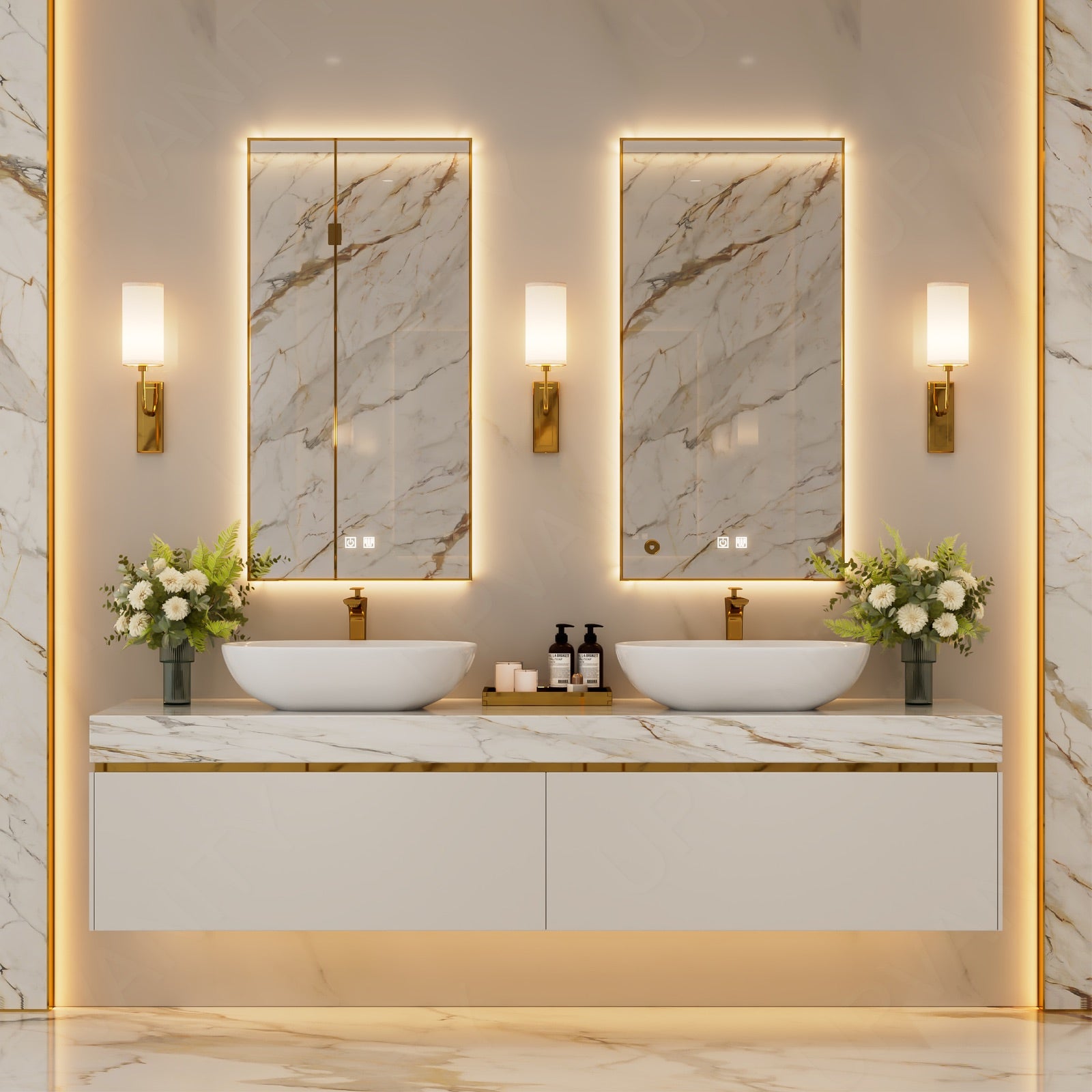 Modern Bath Vanity Set, White, Marble Textured Top, 56"-78", Double Vessel Sink, Floatig, Glod Accents, Dual Smart LED Mirror
