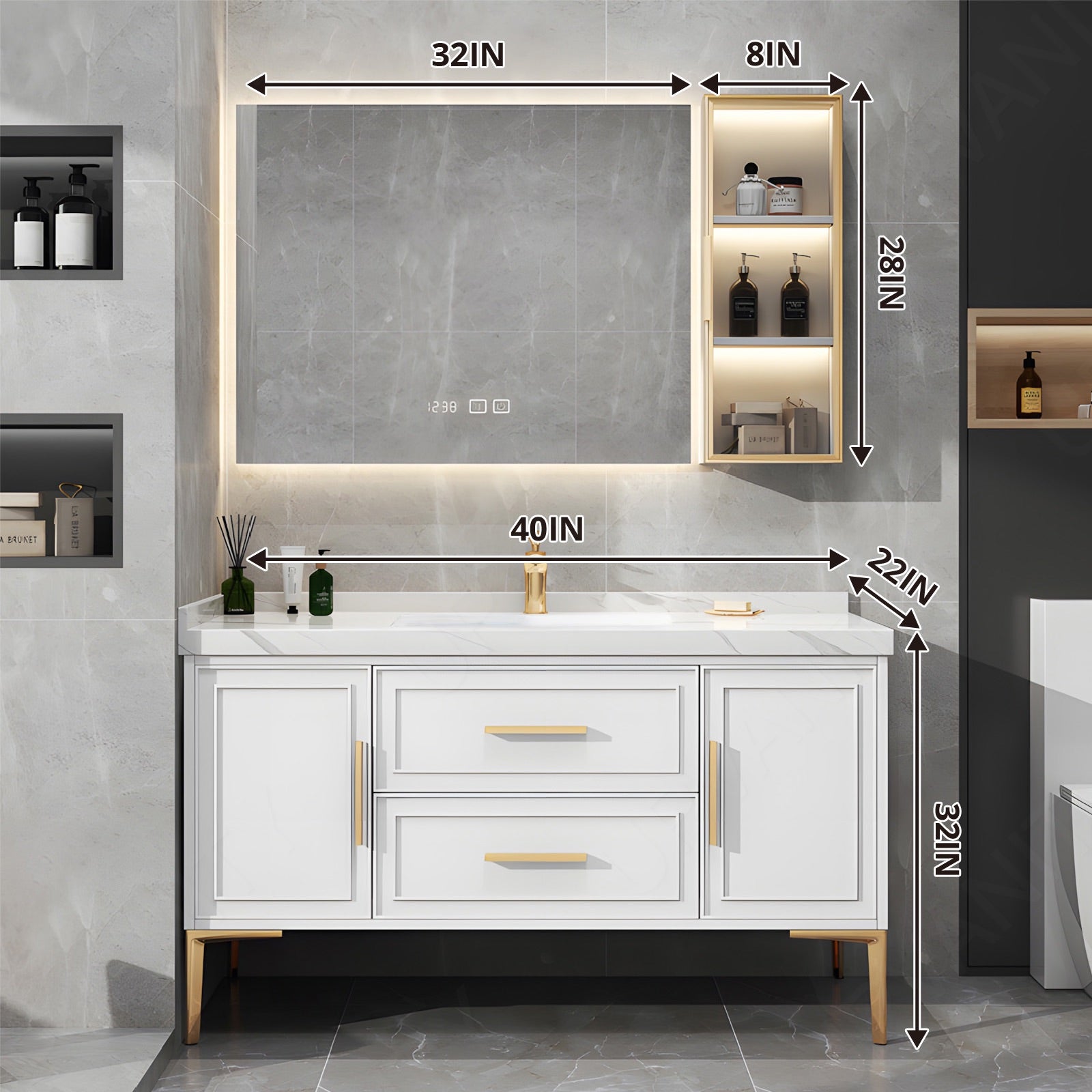 Modern Bath Vanity Set, White, Marble Textured Top, Gold Accents, 40"-64", Single, Freestanding, Smart LED Mirror, Side Cabinet