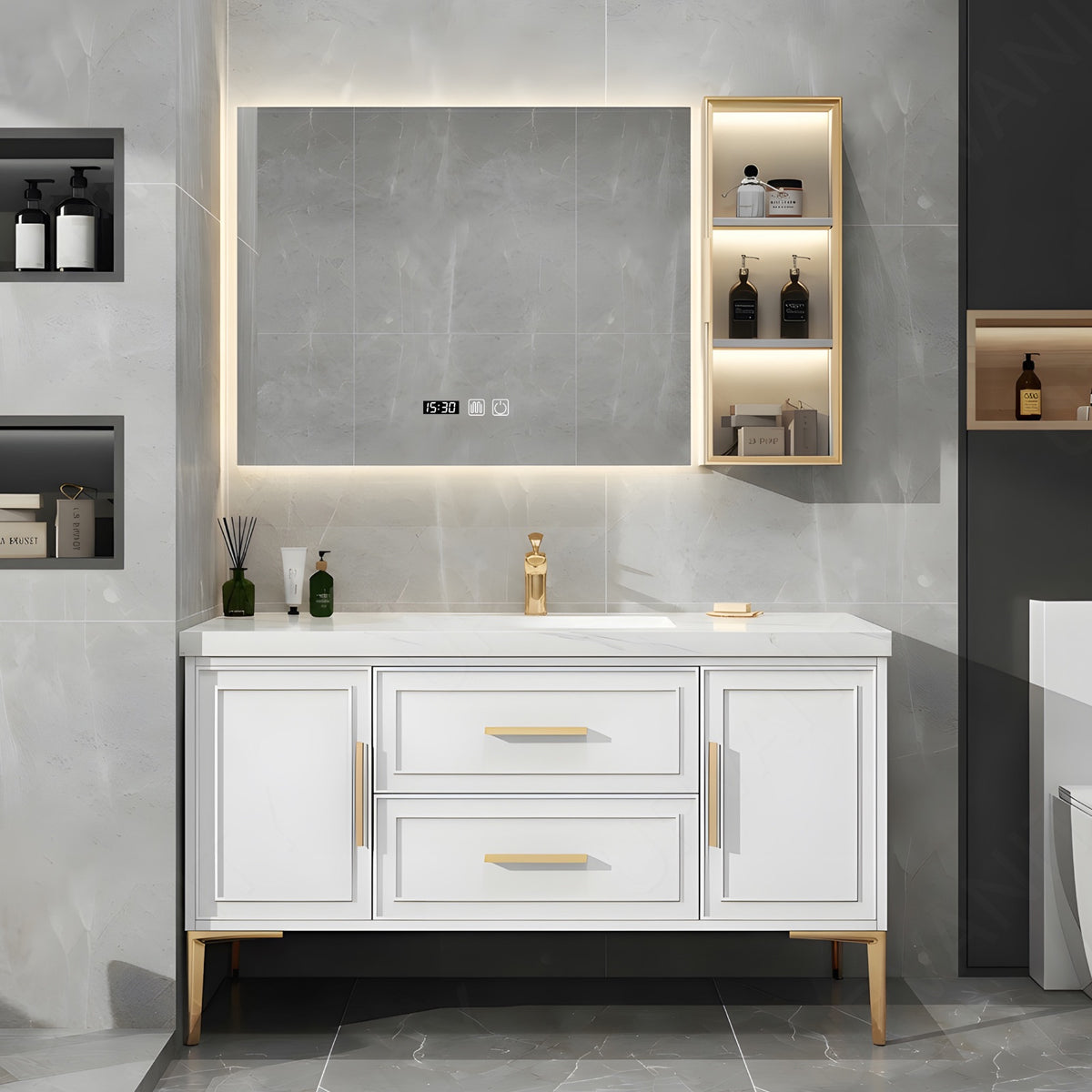 Modern Bath Vanity Set, White, Marble Textured Top, Gold Accents, 40"-64", Single, Freestanding, Smart LED Mirror, Side Cabinet