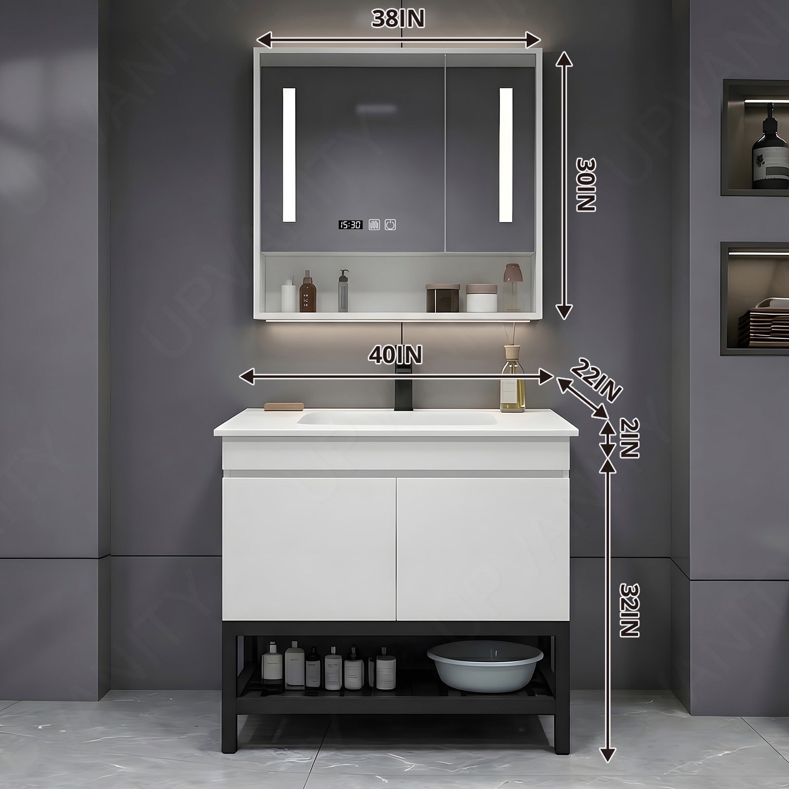 Modern Bath Vanity Set, White, Open Storage, 24"- 64", Single, Freestanding, Smart LED Mirror, Rear Cabinet