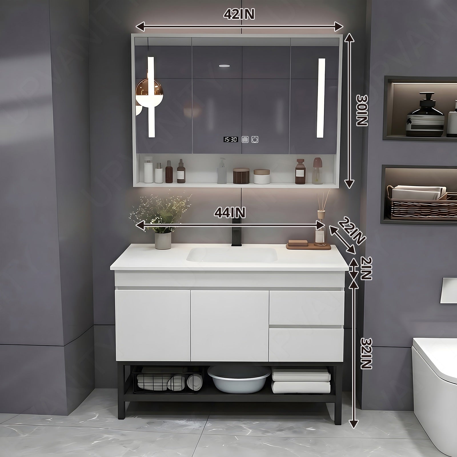 Modern Bath Vanity Set, White, Open Storage, 24"- 64", Single, Freestanding, Smart LED Mirror, Rear Cabinet