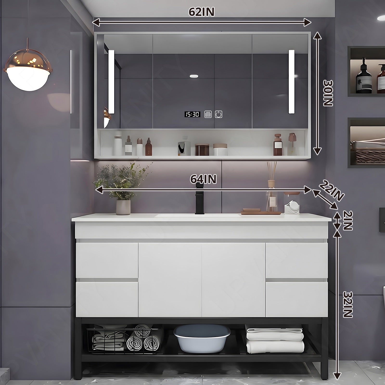 Modern Bath Vanity Set, White, Open Storage, 24"- 64", Single, Freestanding, Smart LED Mirror, Rear Cabinet