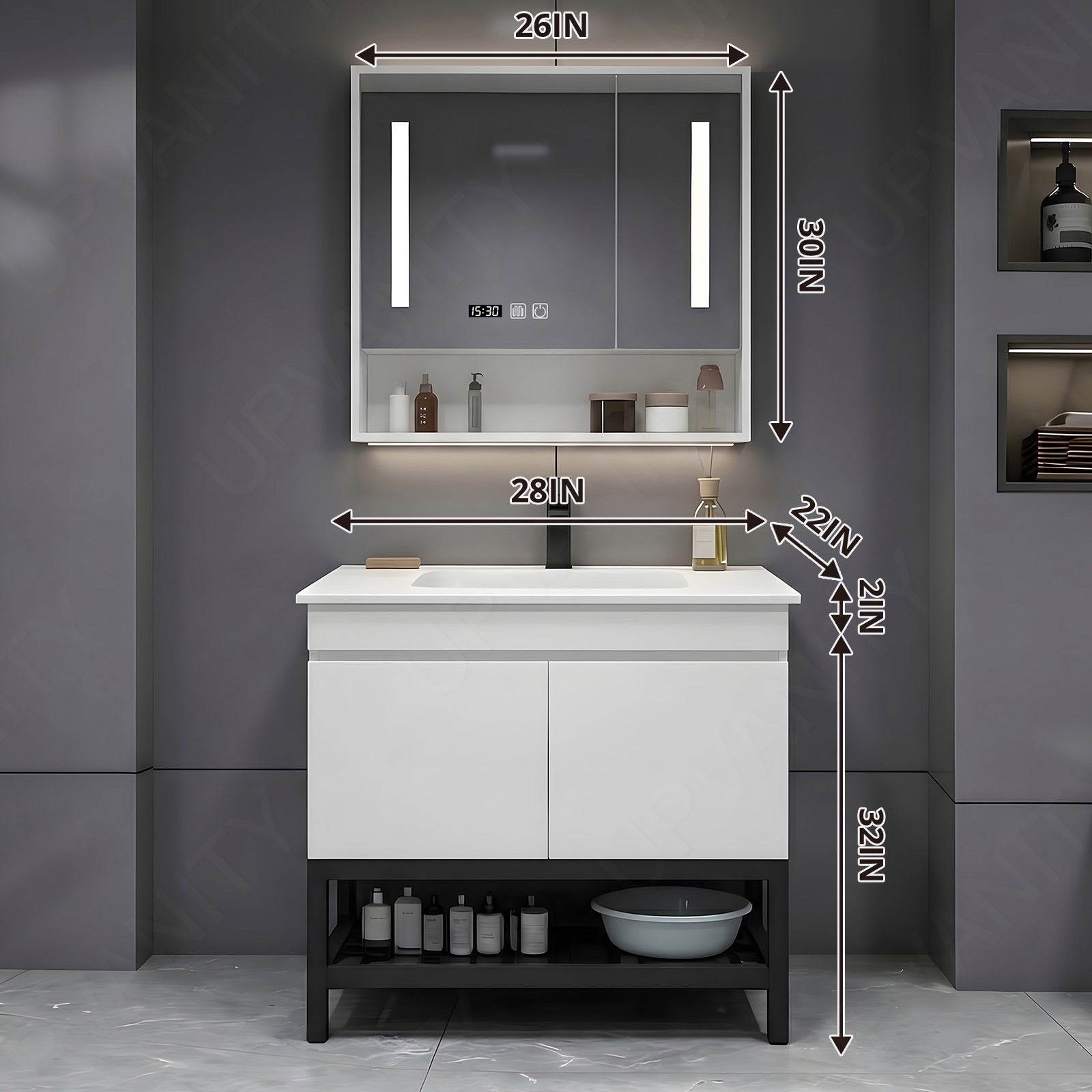 Modern Bath Vanity Set, White, Open Storage, 24"- 64", Single, Freestanding, Smart LED Mirror, Rear Cabinet