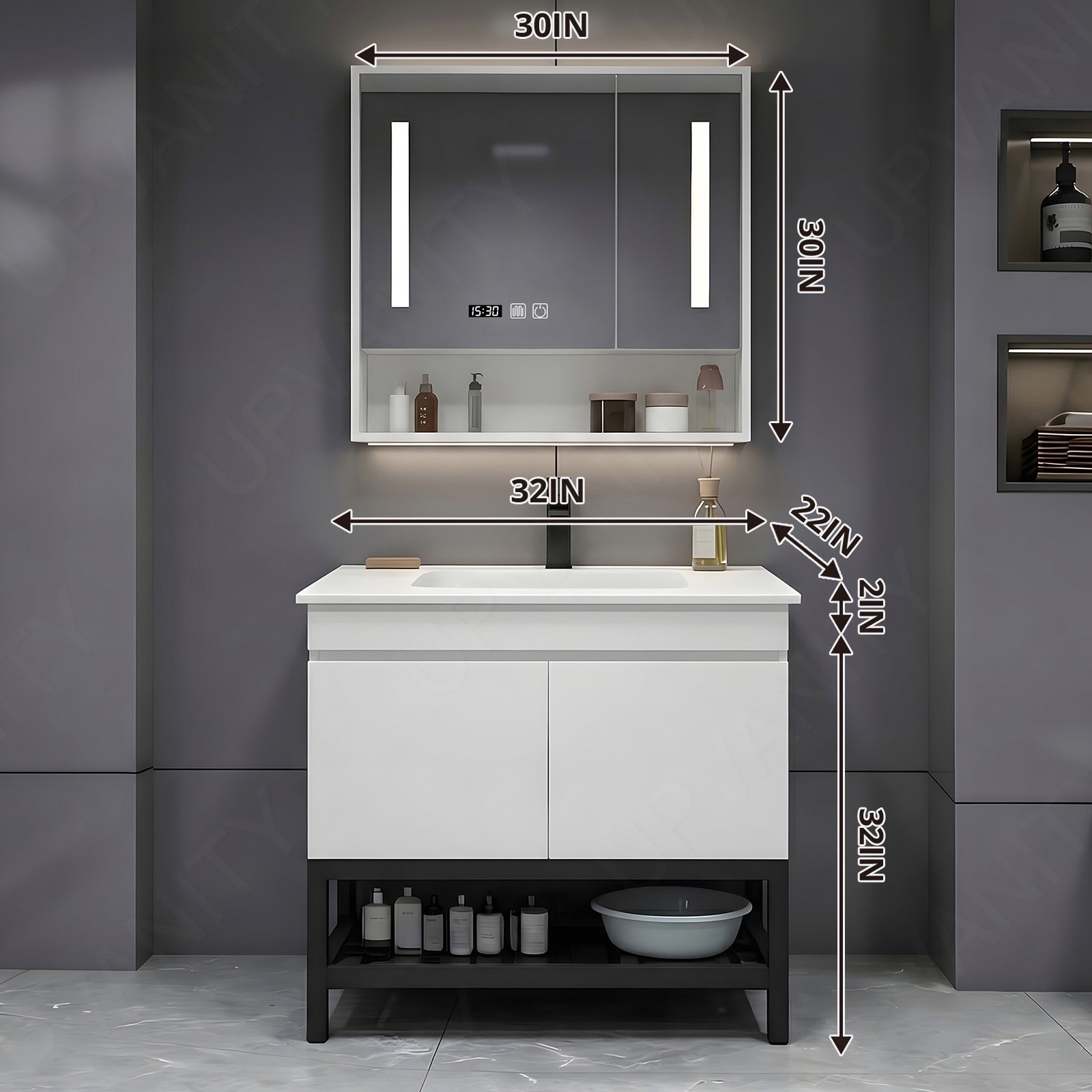 Modern Bath Vanity Set, White, Open Storage, 24"- 64", Single, Freestanding, Smart LED Mirror, Rear Cabinet