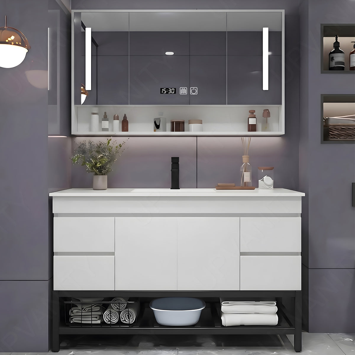Modern Bath Vanity Set, White, Open Storage, 24"- 64", Single, Freestanding, Smart LED Mirror, Rear Cabinet