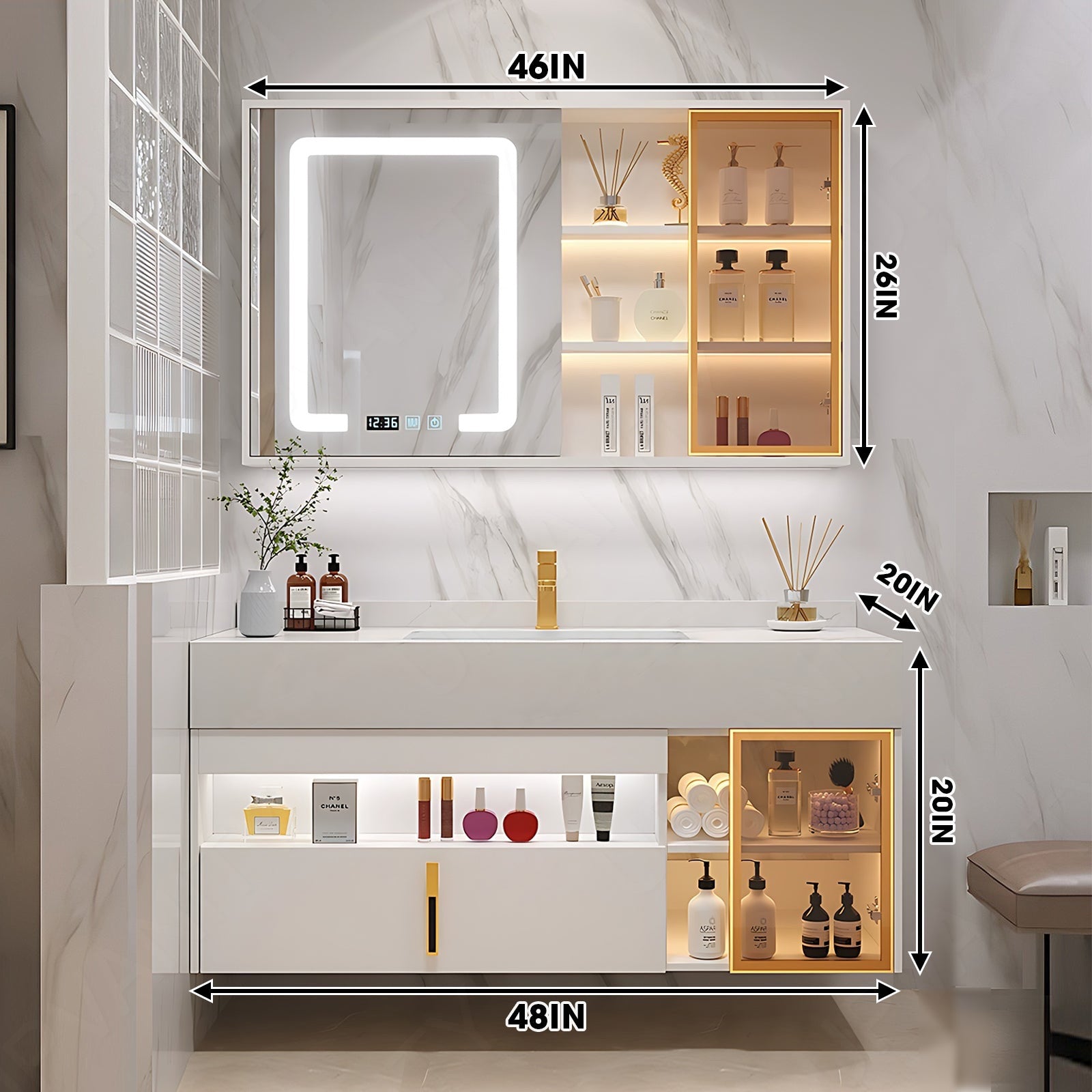 Modern Bath Vanity Set, White, Open Storage, 32"- 48", Single, Floating, Glass Door, Smart LED Mirror, Side and Rear Cabinet