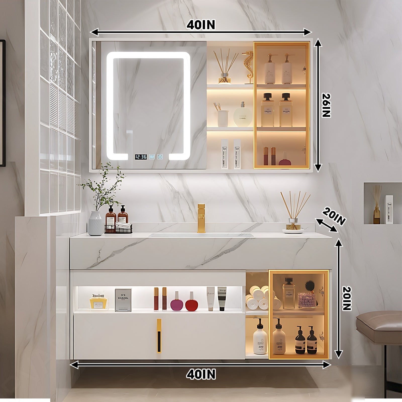 Modern Bath Vanity Set, White, Open Storage, 32"- 48", Single, Floating, Glass Door, Smart LED Mirror, Side and Rear Cabinet