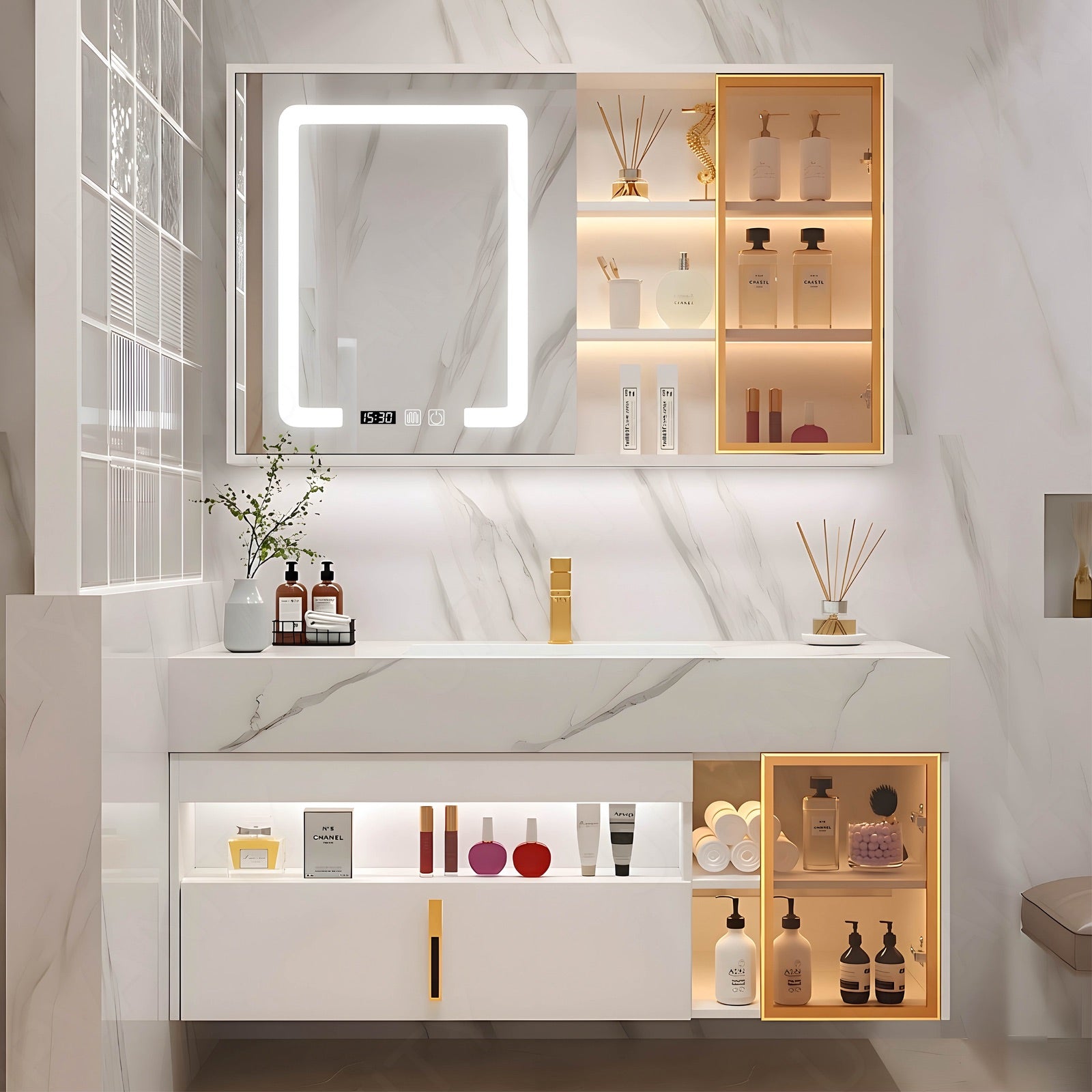 Modern Bath Vanity Set, White, Open Storage, 32"- 48", Single, Floating, Glass Door, Smart LED Mirror, Side and Rear Cabinet