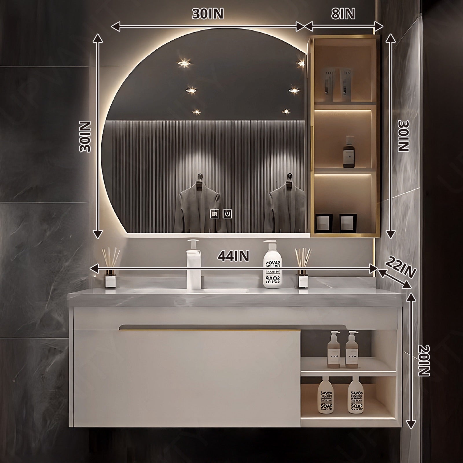 Modern Bath Vanity Set, White, Open Storage, 36"- 60", Single, Floating, Glass Door, Smart LED Mirror, Side Cabinet