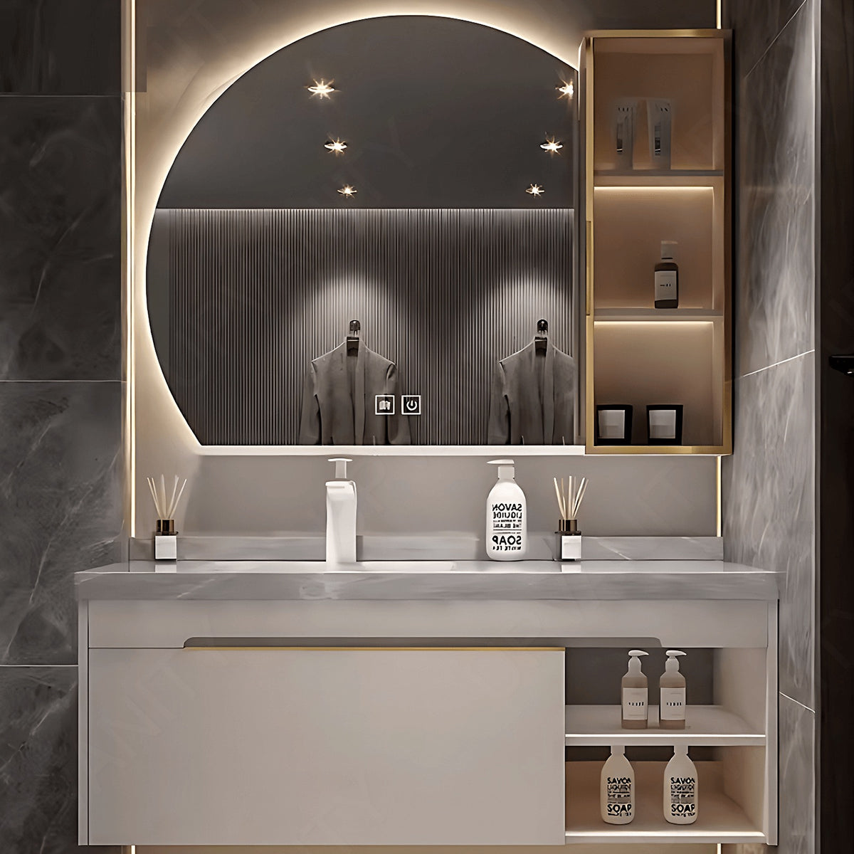 Modern Bath Vanity Set, White, Open Storage, 36"- 60", Single, Floating, Glass Door, Smart LED Mirror, Side Cabinet