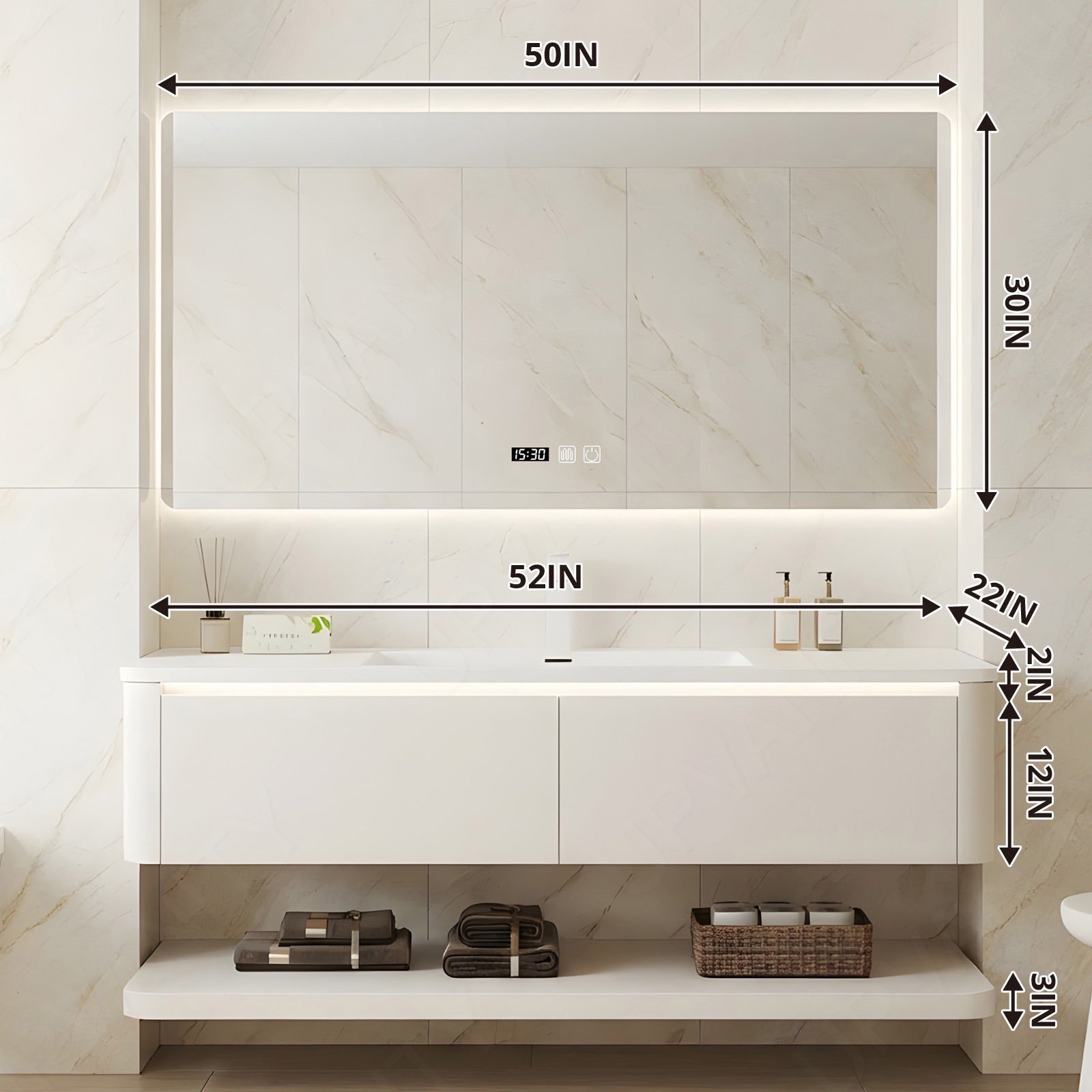 Modern Bath Vanity Set, White, Open Storage, 40"-56", Single, Floating, Smart LED Mirror, Rounded Edge, Sensor Light