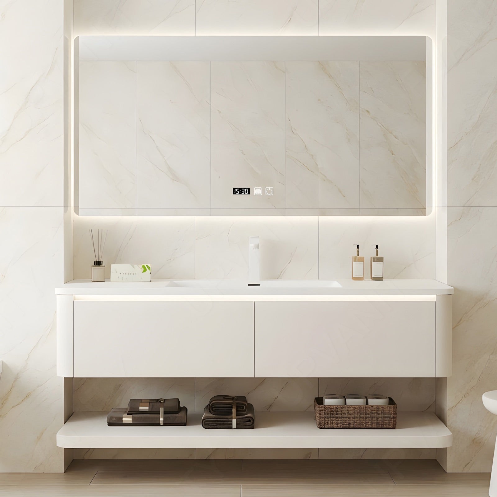 Modern Bath Vanity Set, White, Open Storage, 40"-56", Single, Floating, Smart LED Mirror, Rounded Edge, Sensor Light