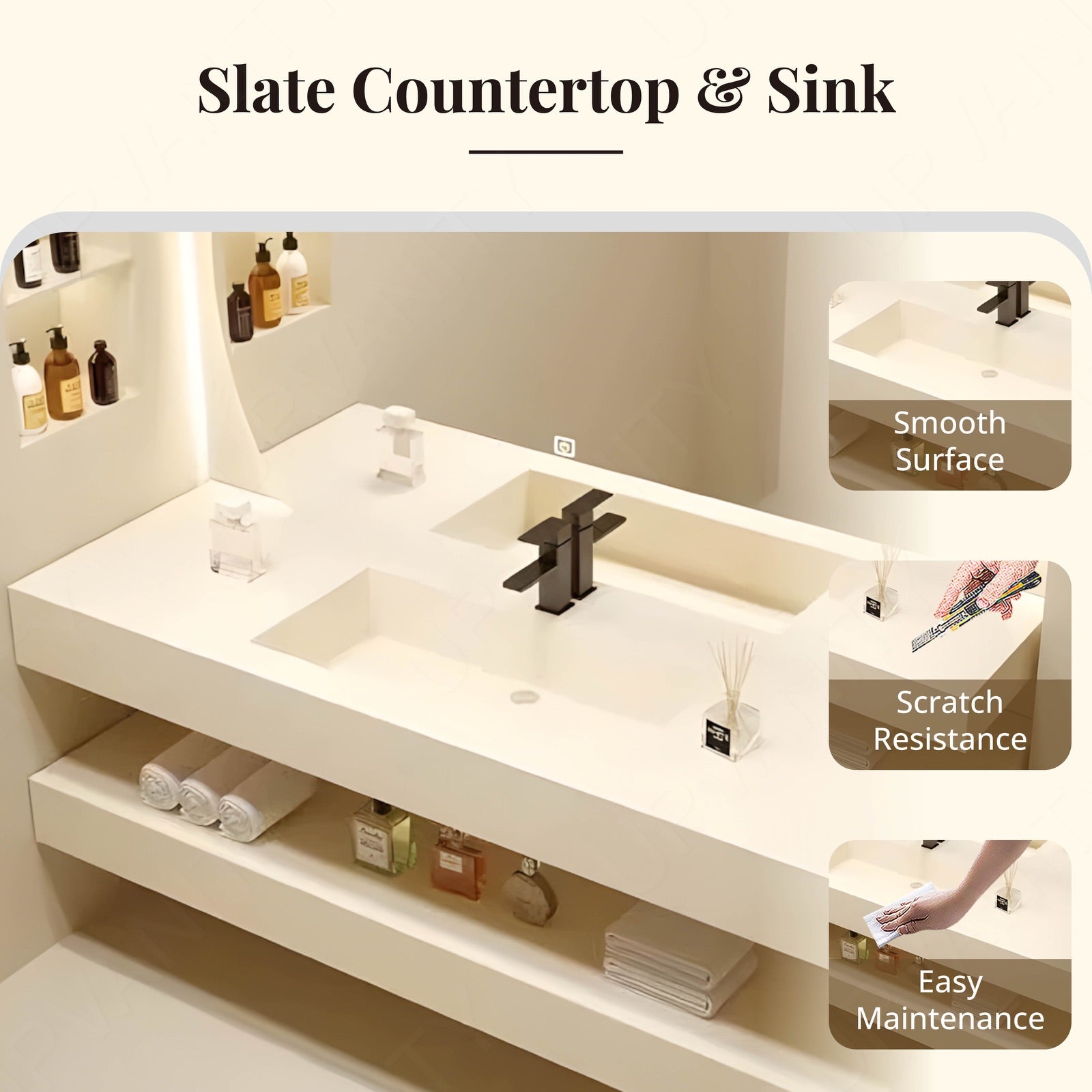 Modern Bath Vanity Set, White, Open Storage, 40"- 64", Single, Floating, Round Smart LED Mirror