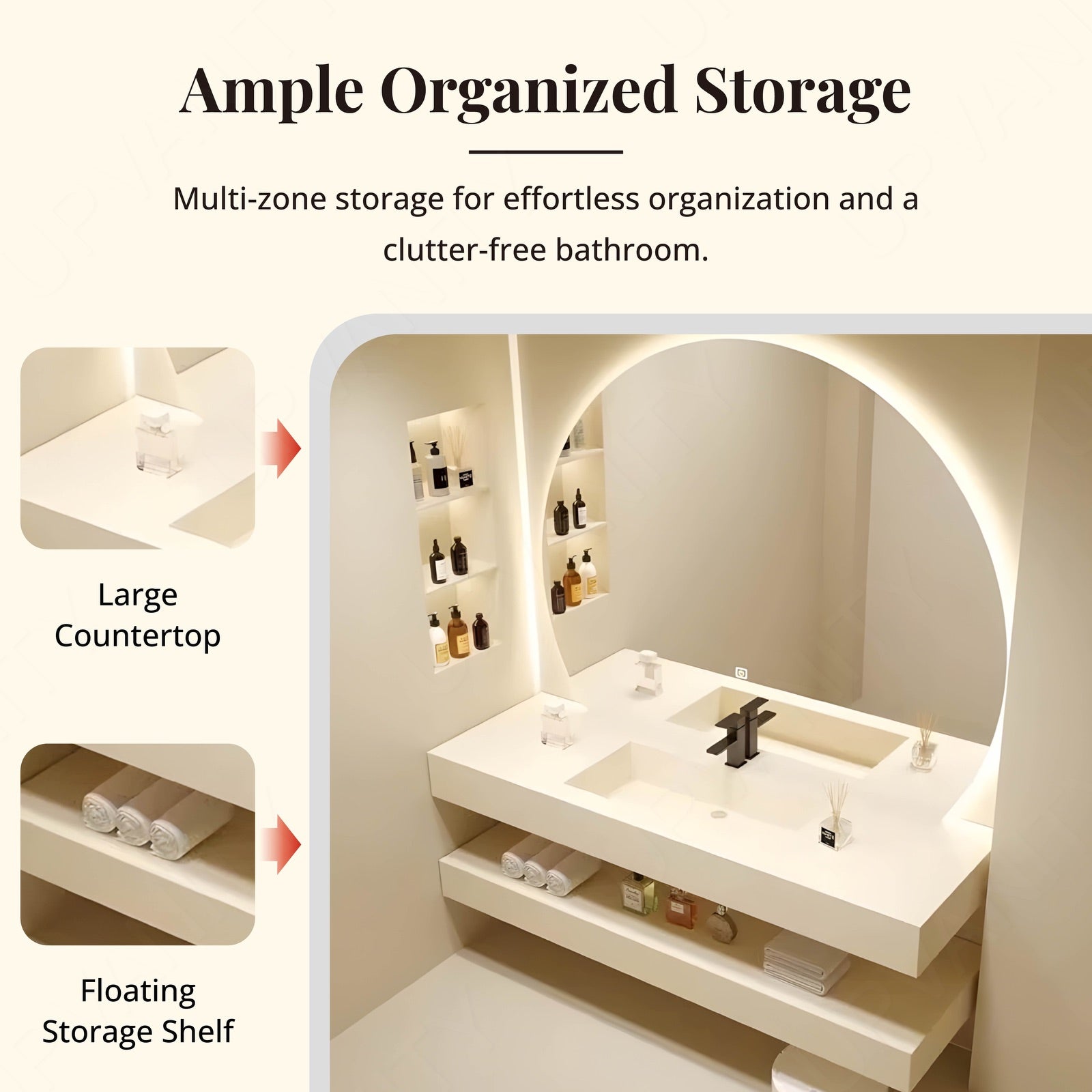 Modern Bath Vanity Set, White, Open Storage, 40"- 64", Single, Floating, Round Smart LED Mirror